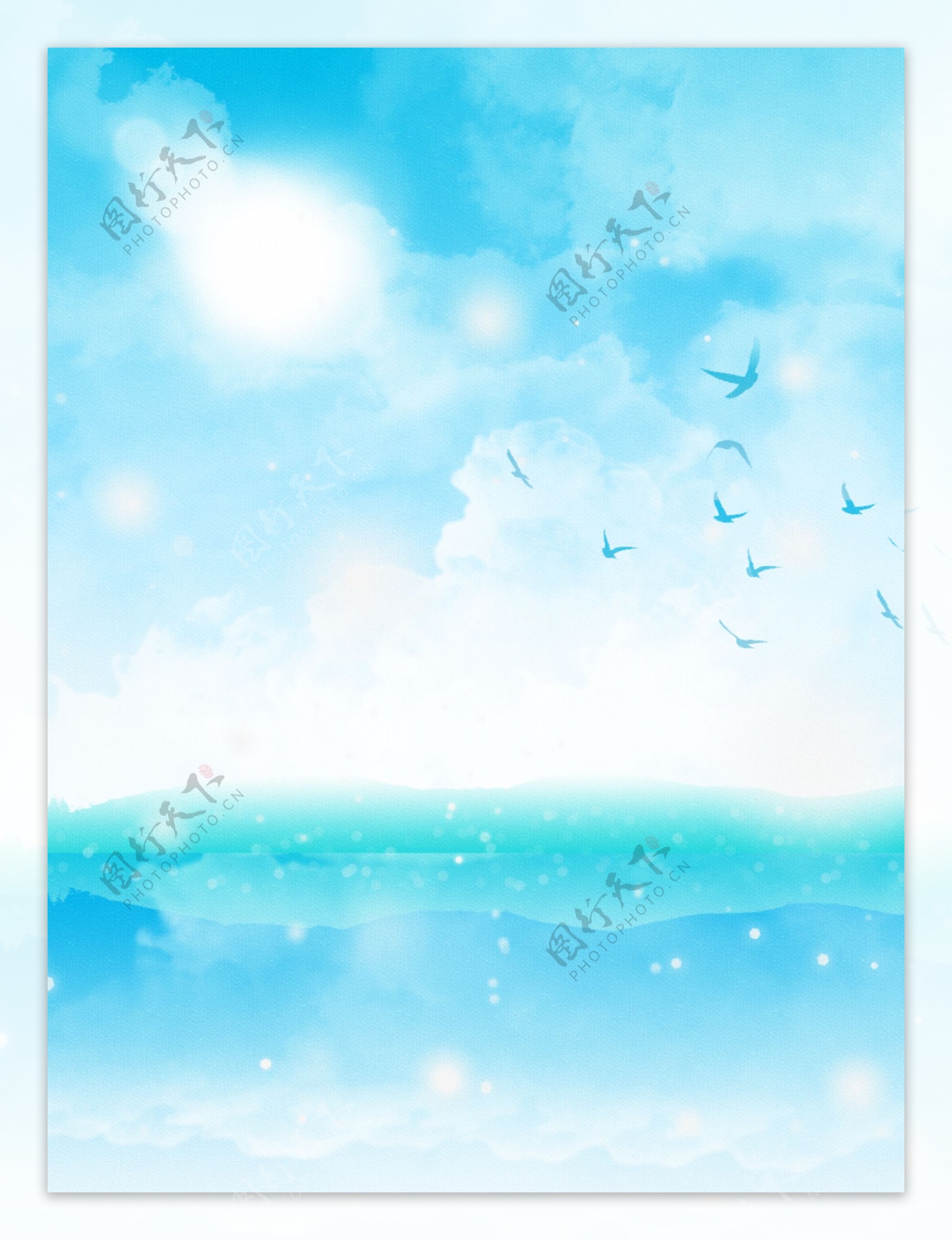纯原创手绘蓝天白云鸟儿海岛背景
