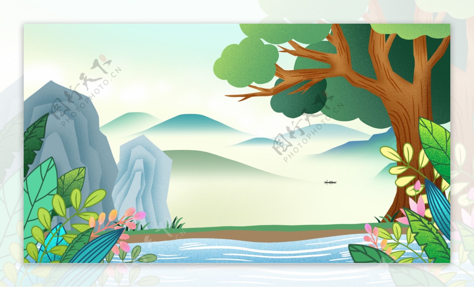 手绘清新树林湖面背景设计