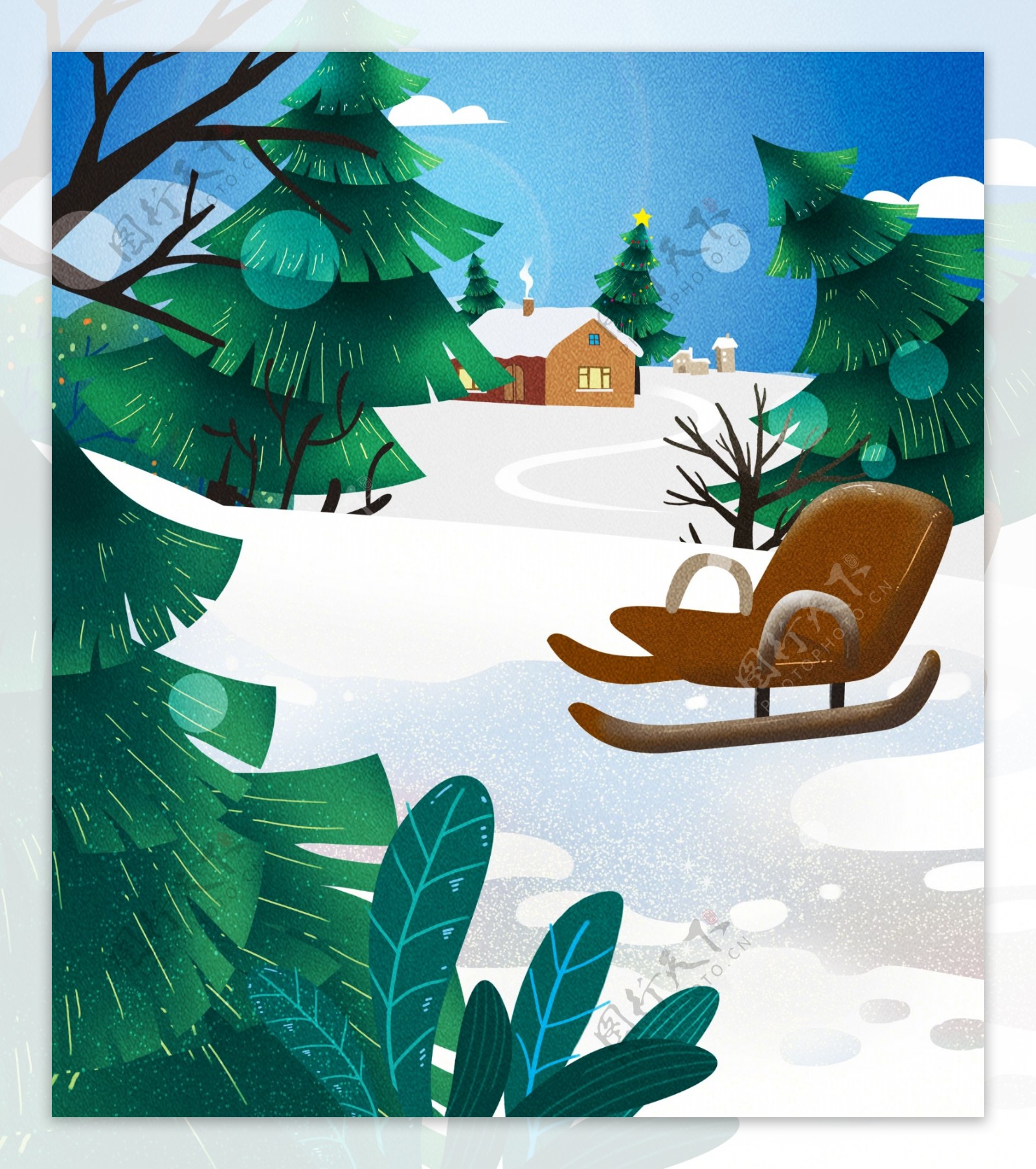 彩绘圣诞节雪地树林背景设计