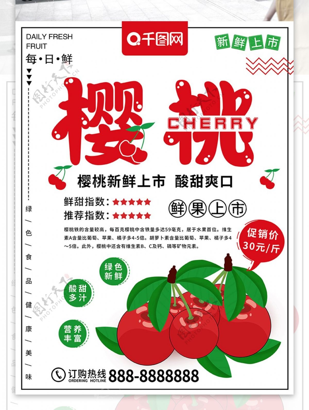 原创手绘樱桃水果食物促销海报
