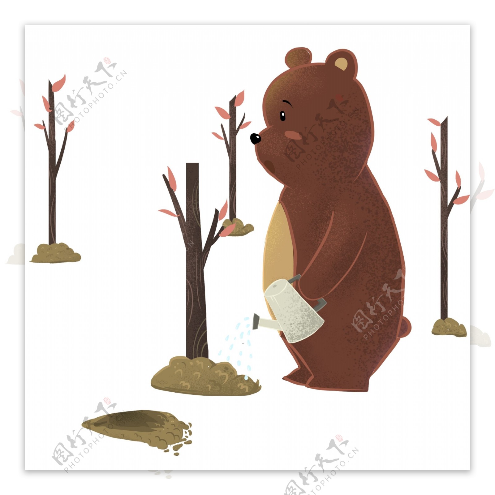 手绘春季种树的小熊设计