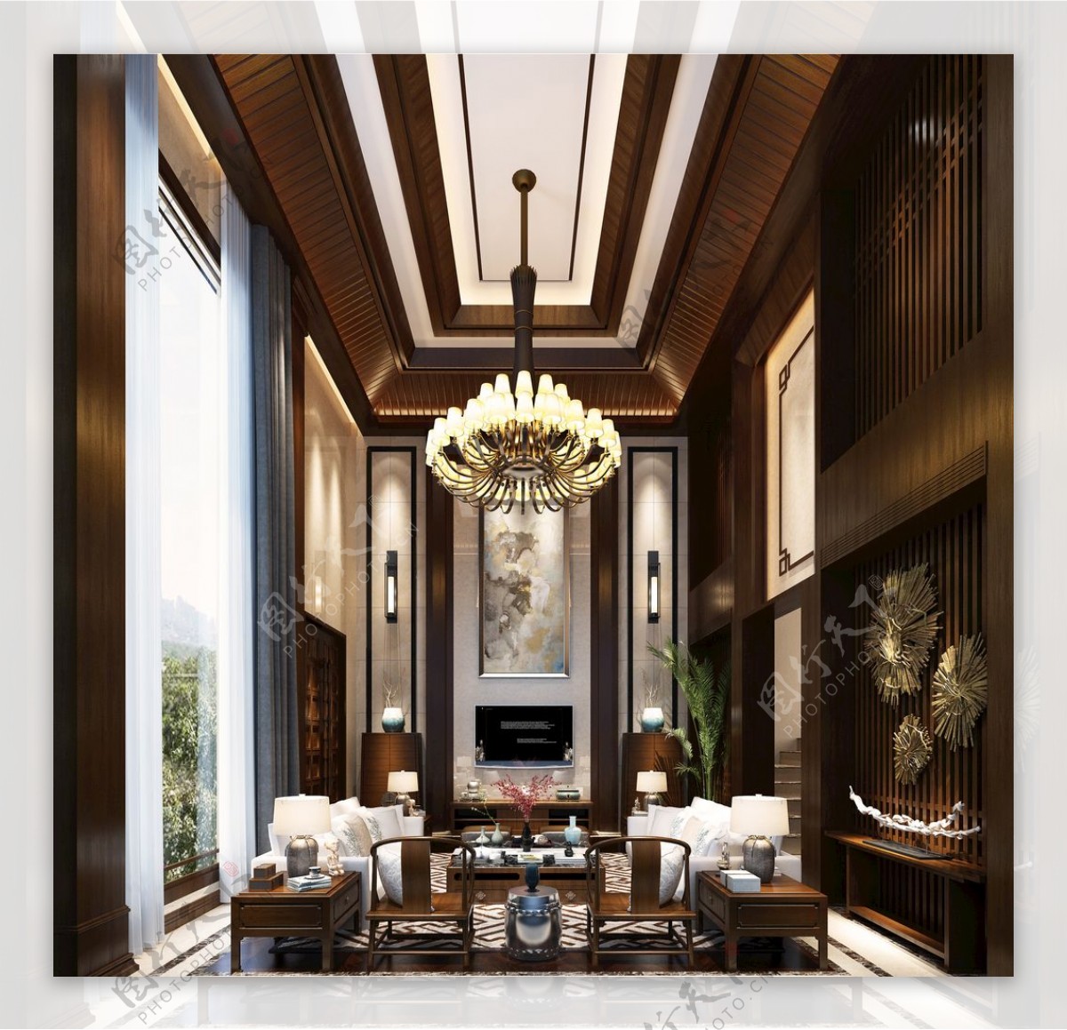 美式别墅奢华客厅效果图3D模型