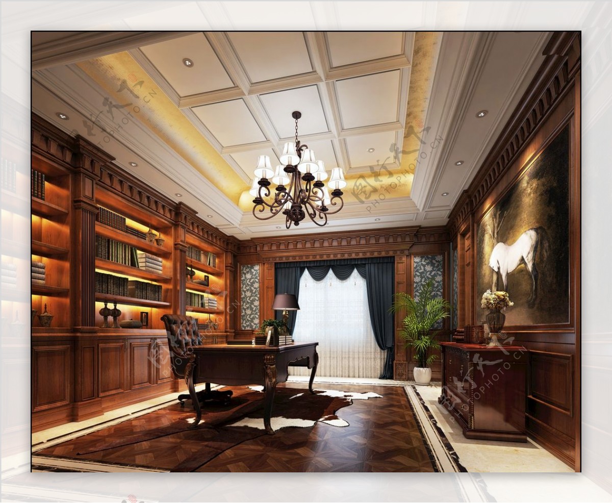 美式奢华书房效果图3D模型