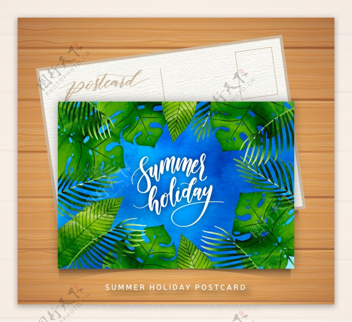 水彩绘棕榈树叶夏季明信片