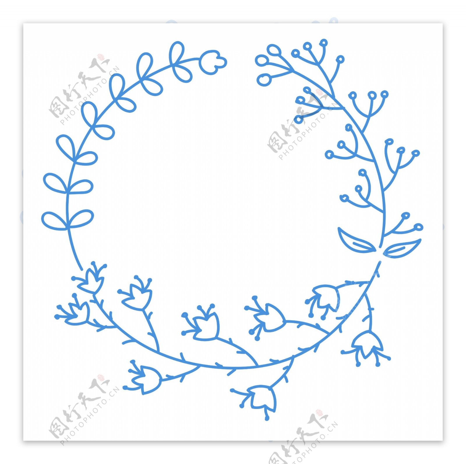 蓝色手绘花环圆形标题框装饰
