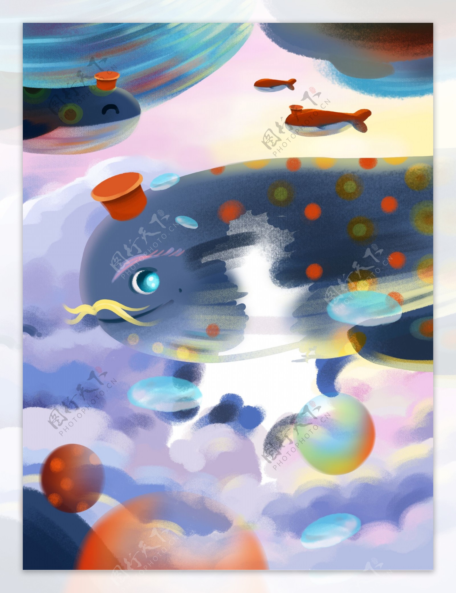 手绘五彩海洋鲸鱼背景设计
