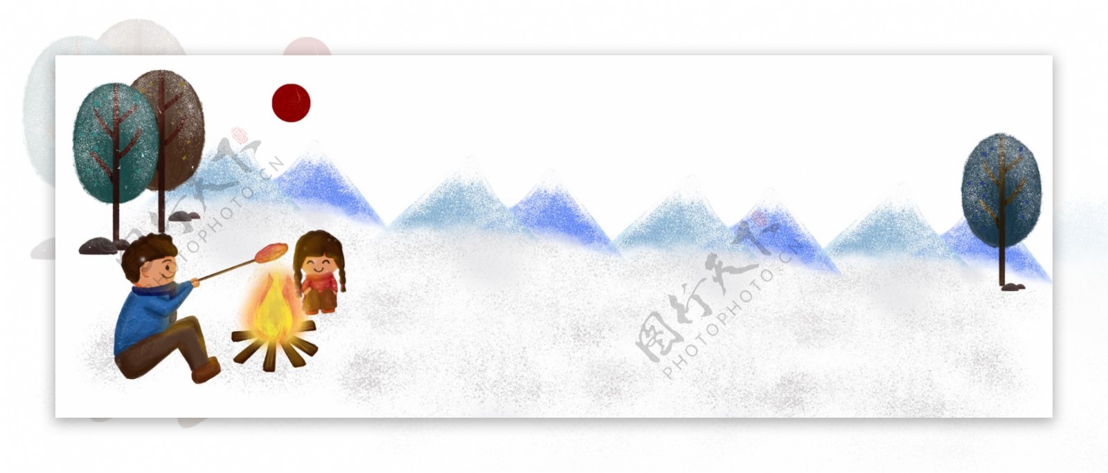 冬季冬日雪地树林男孩女孩火堆烤背景