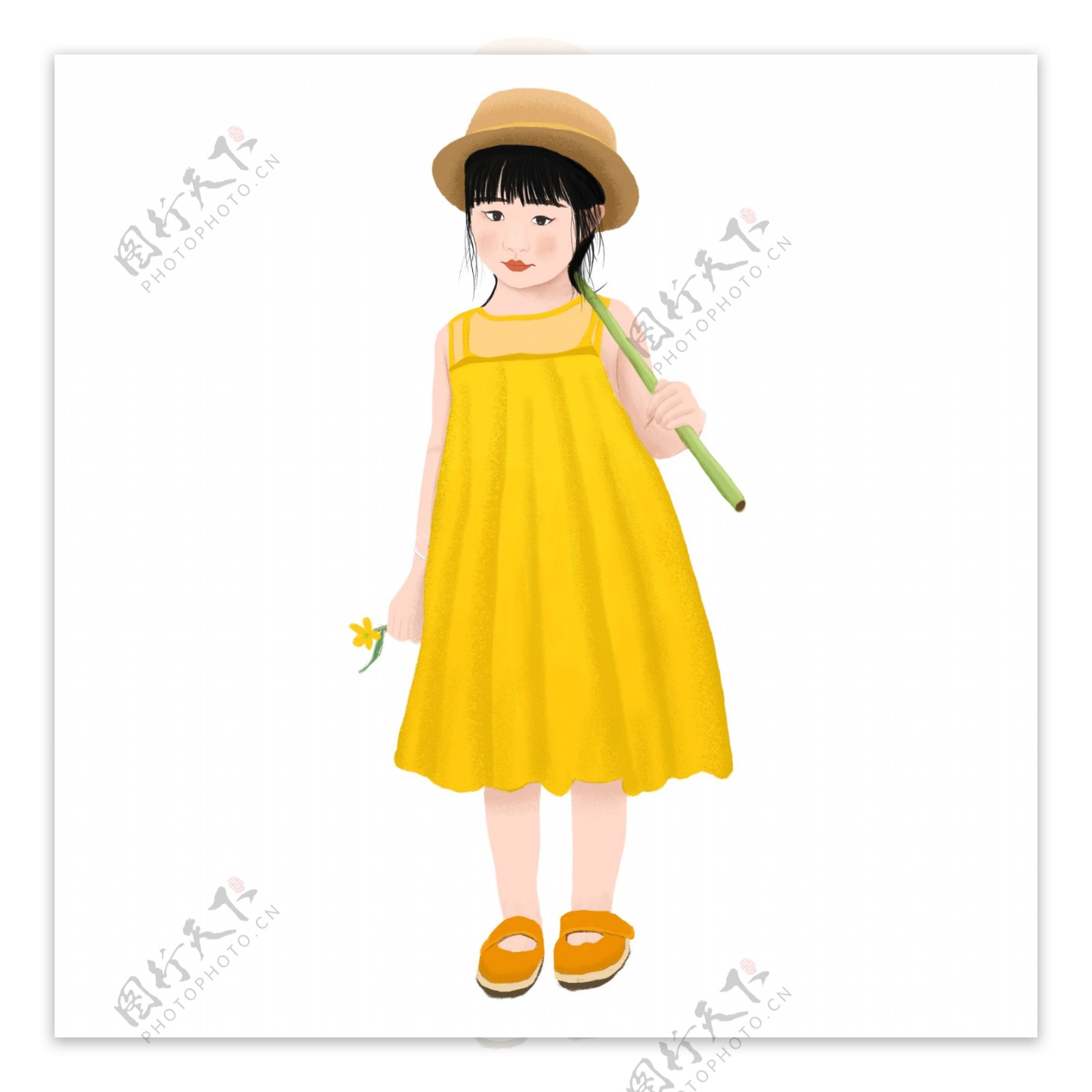 手绘穿黄色裙子的小女孩