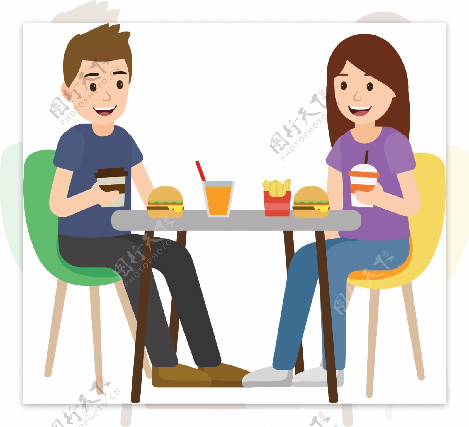 矢量卡通坐在一块吃汉堡喝可乐的人