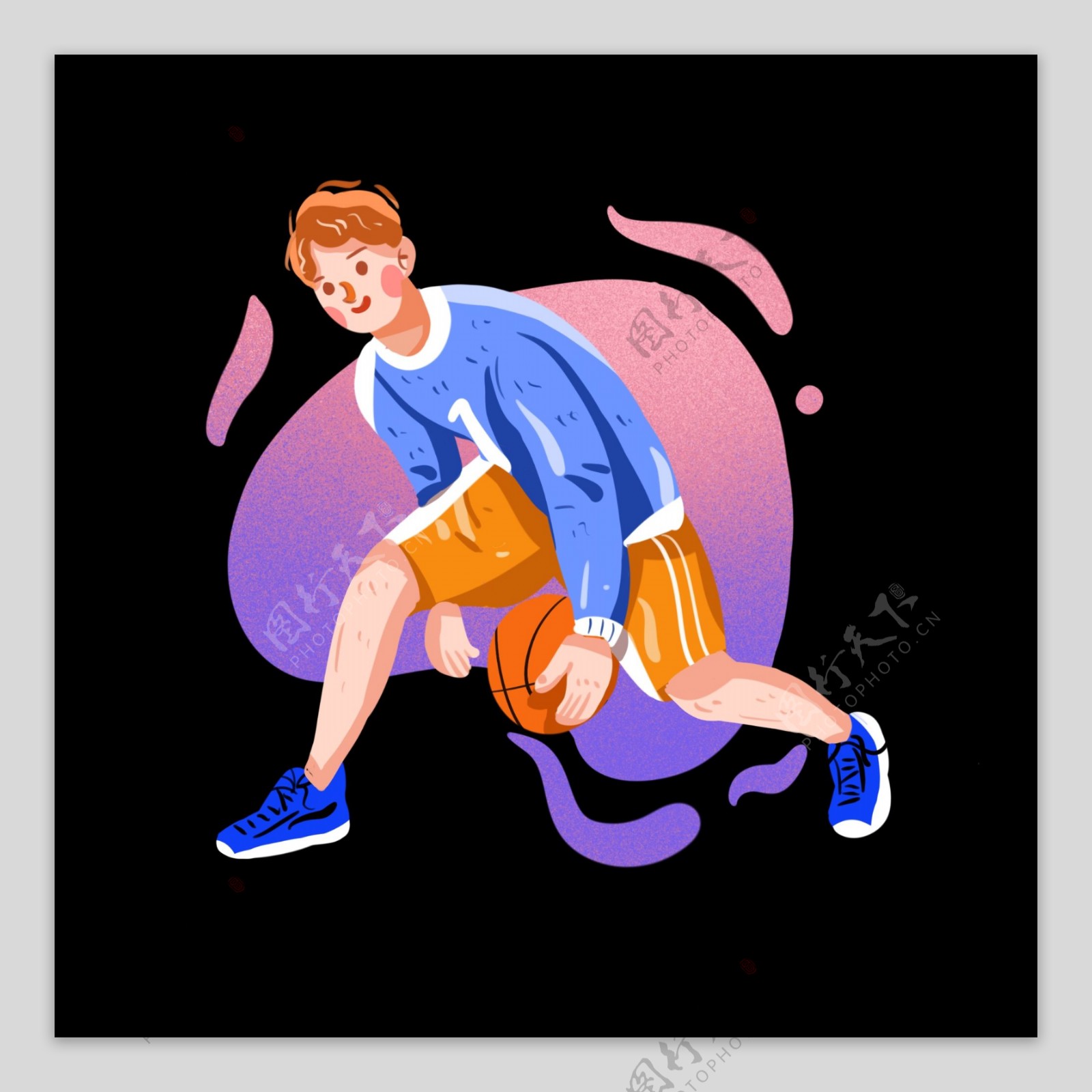 练习篮球的男孩手绘插画png免抠素材