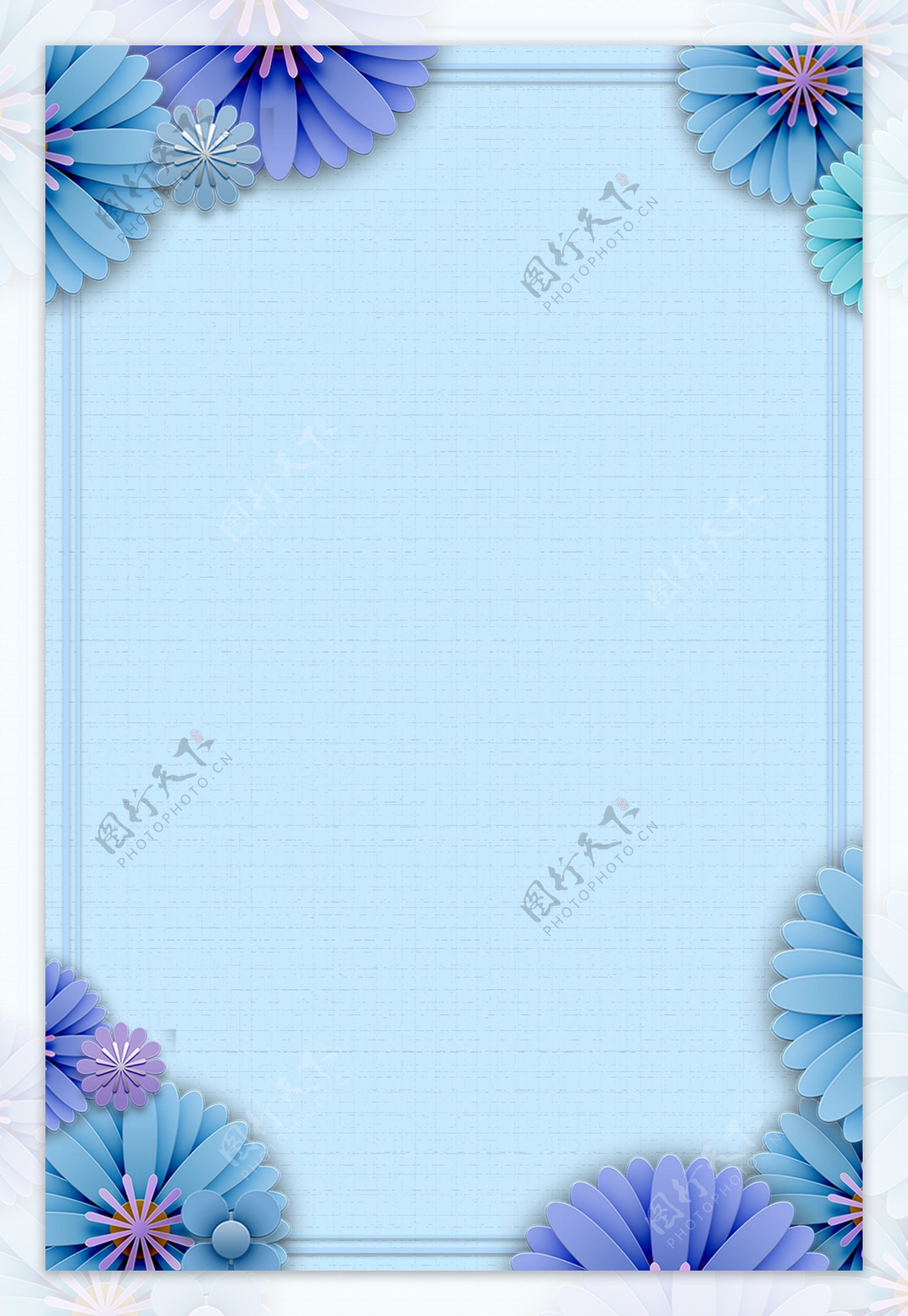 蓝色剪纸花朵边框背景
