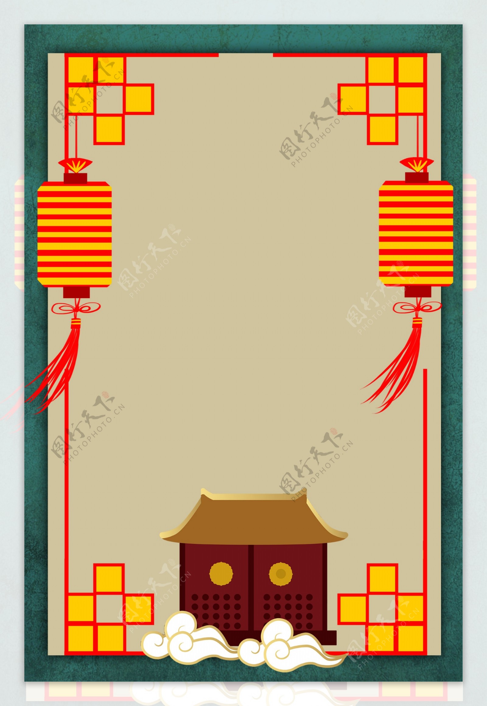 中式文艺复古风边框底纹背景海报