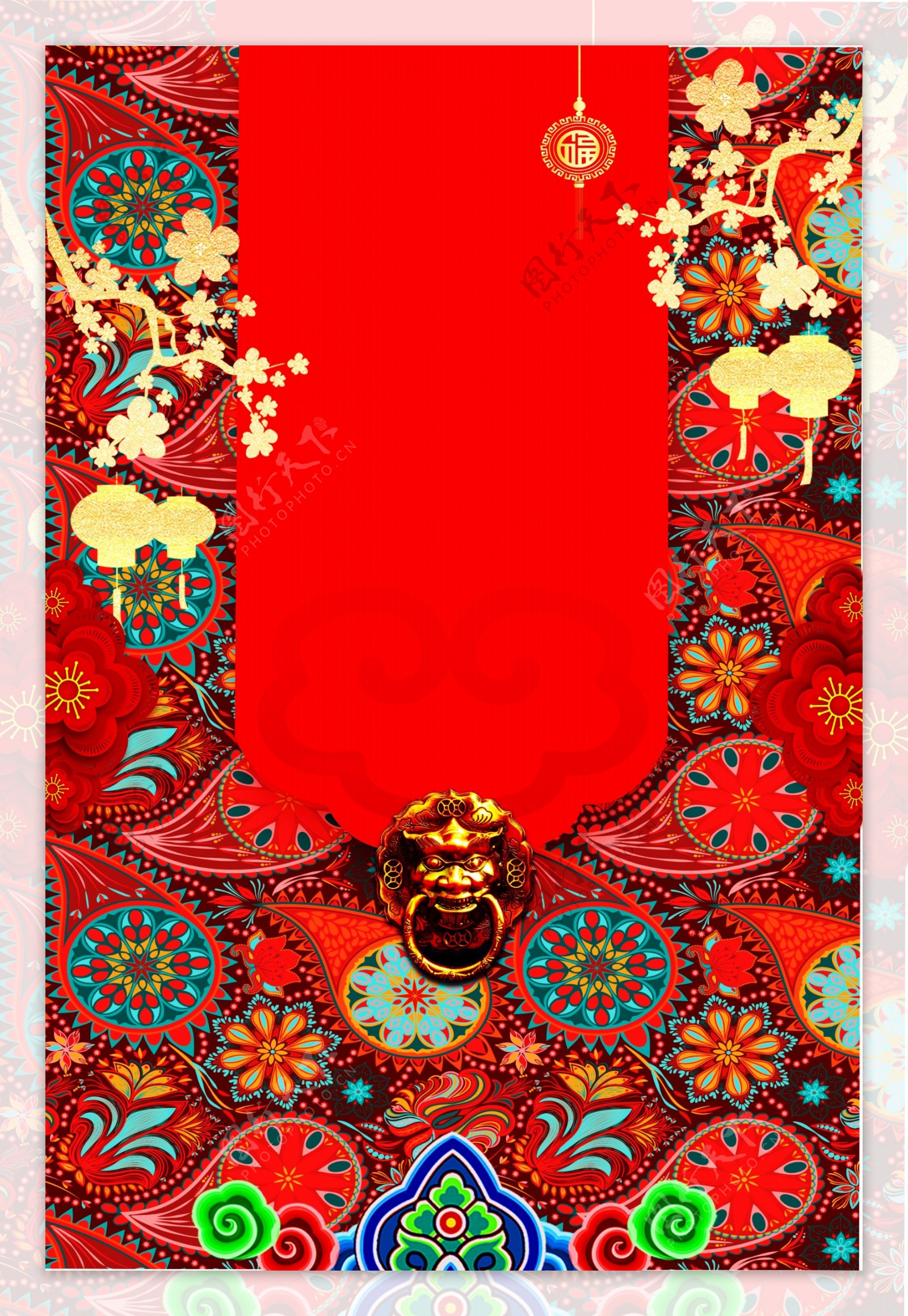 红色喜庆开门红中国风花纹新年海报背景