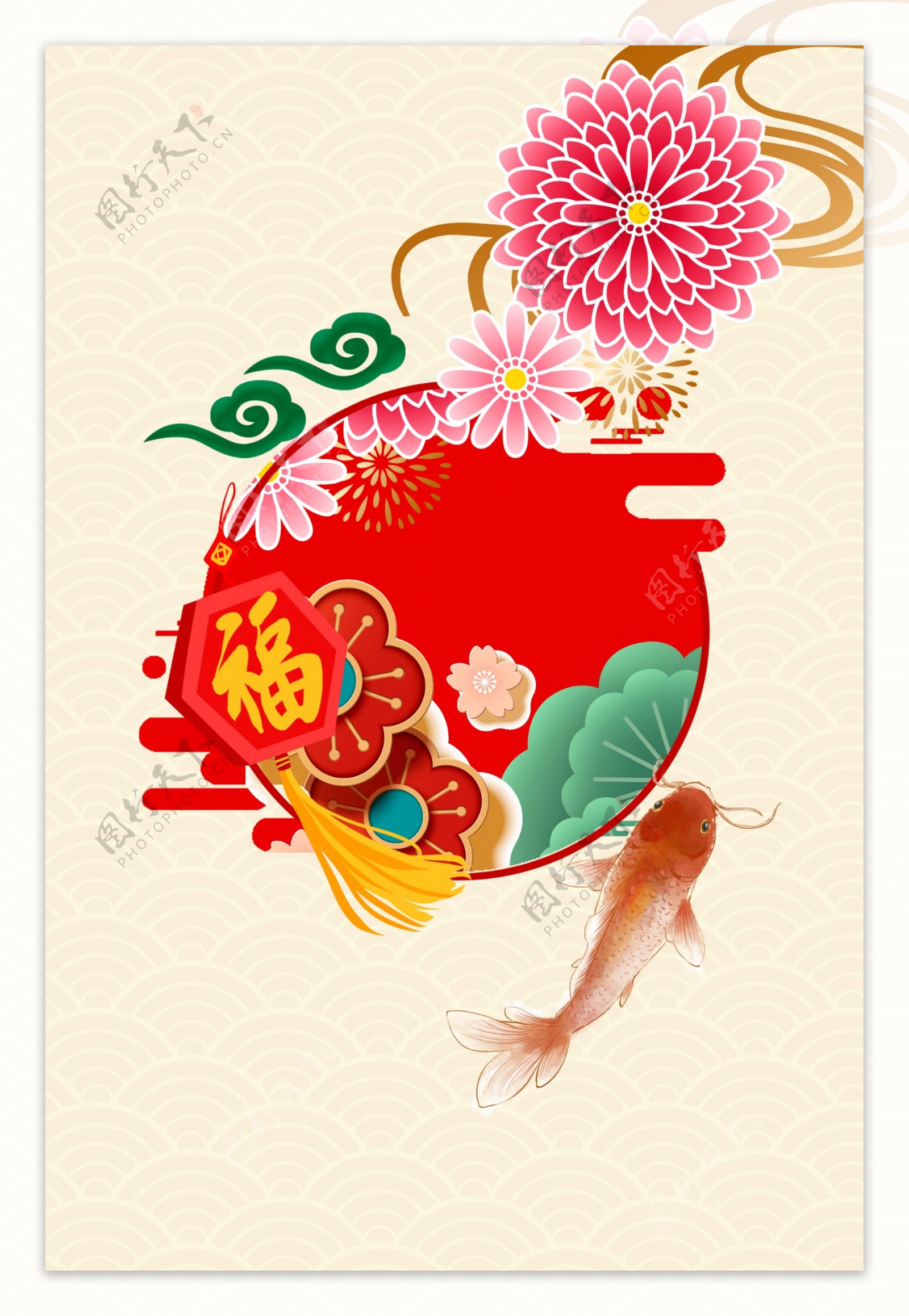 小清新中国风新年签古典底纹背景海报