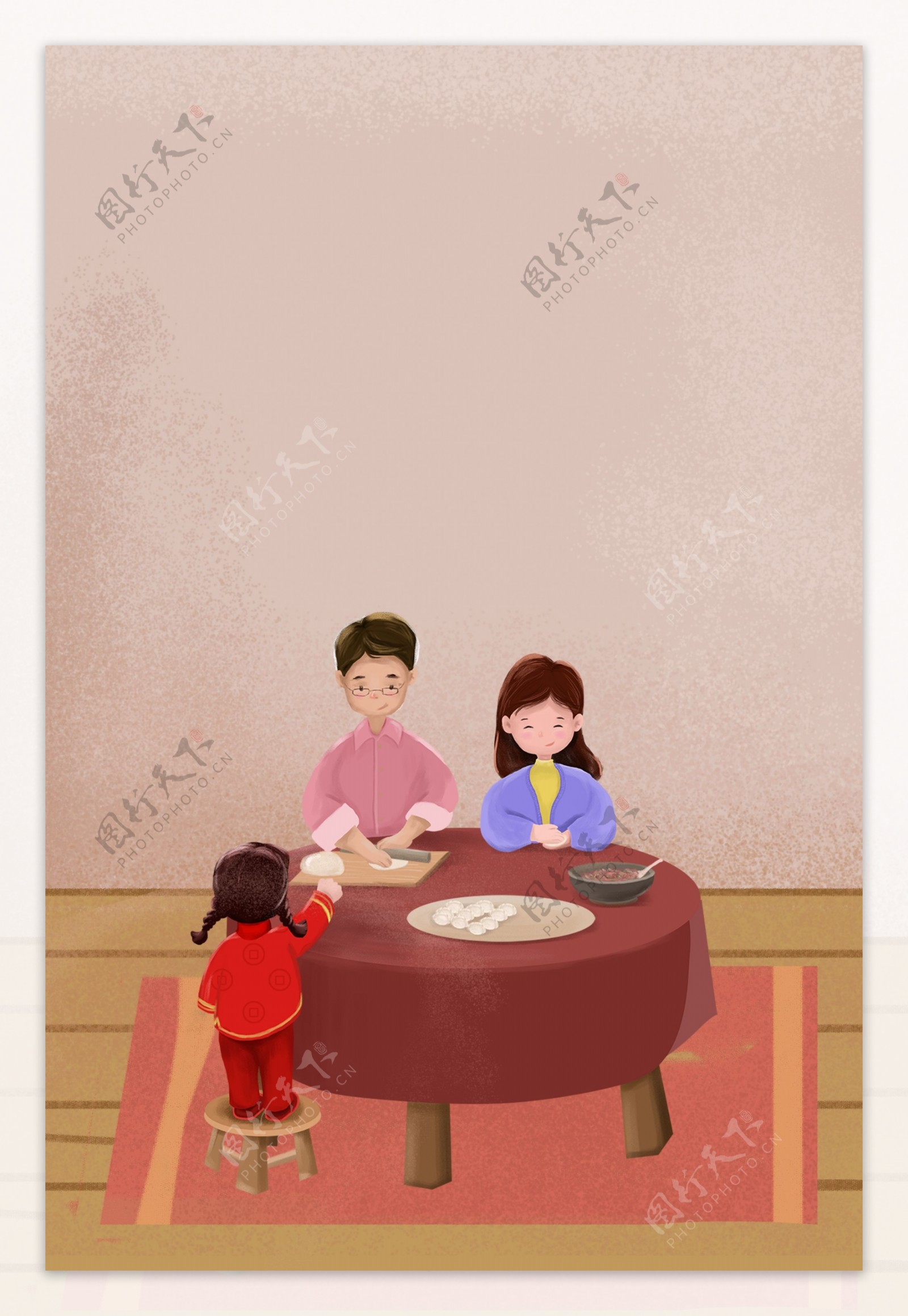 新年包饺子的温馨一家人家居插画海报