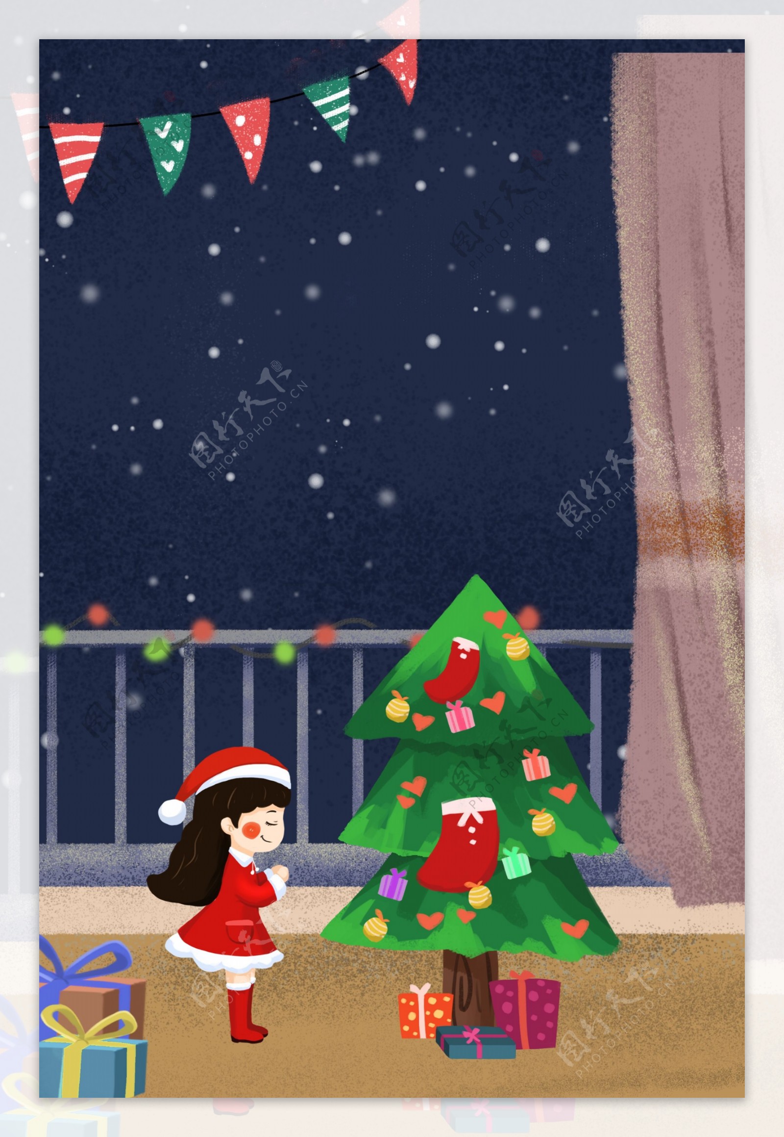 圣诞节阳台许愿的女孩插画背景