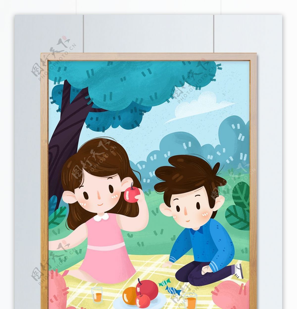 儿童节快乐儿童野餐男孩女孩水果植物插画