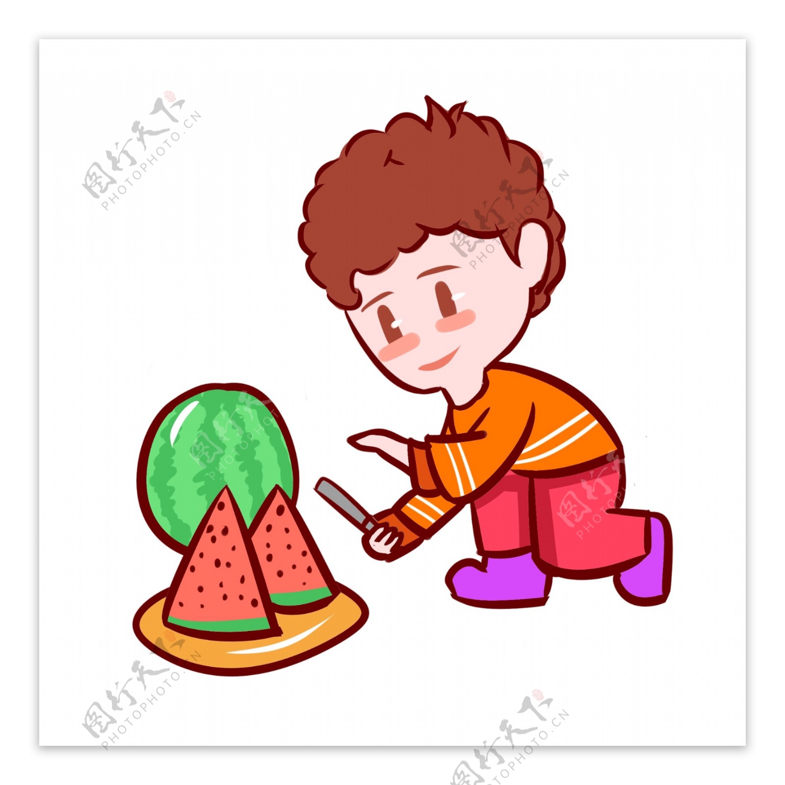 小男孩吃西瓜手绘插画