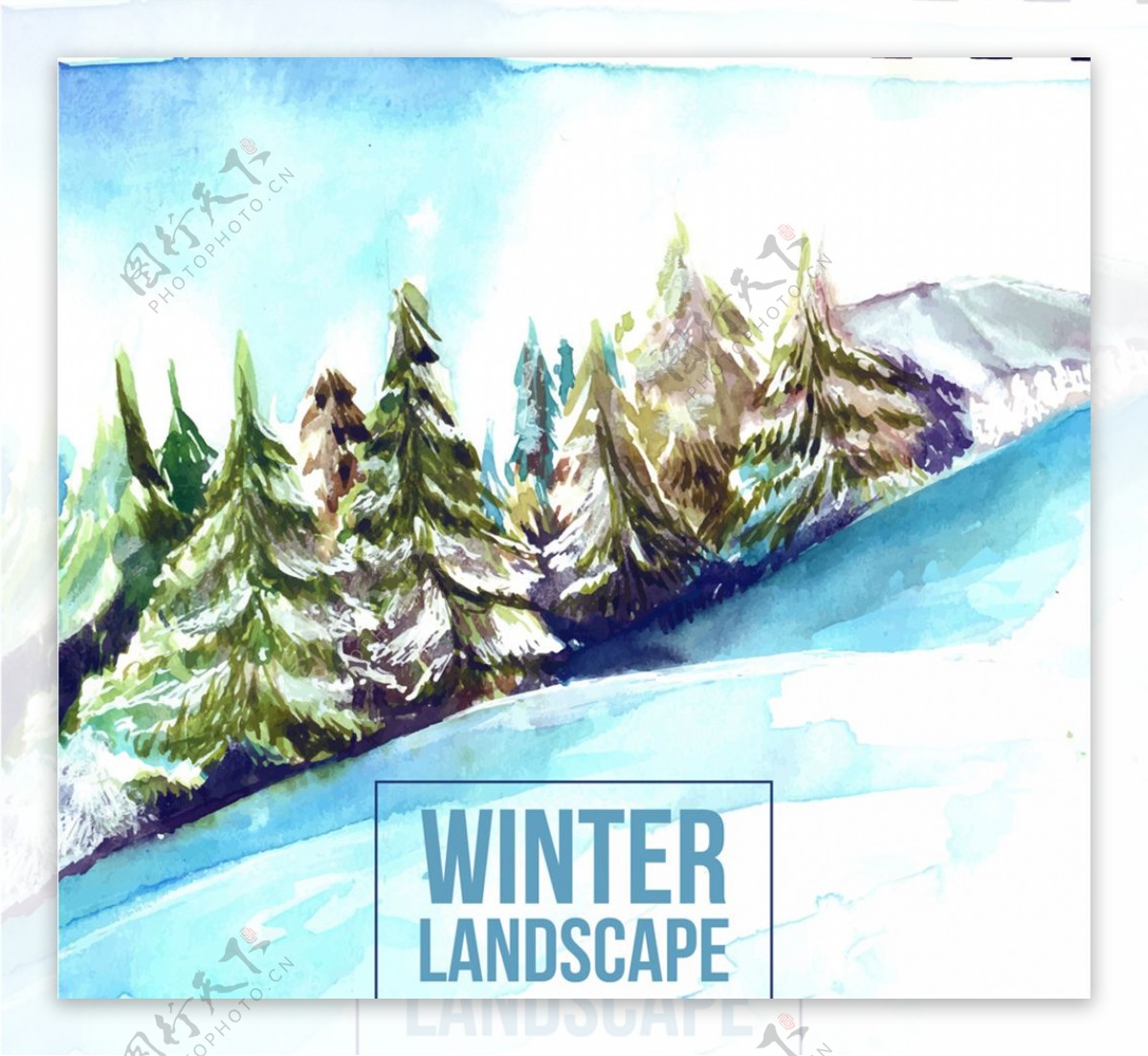 水彩绘冬季雪山松林风景