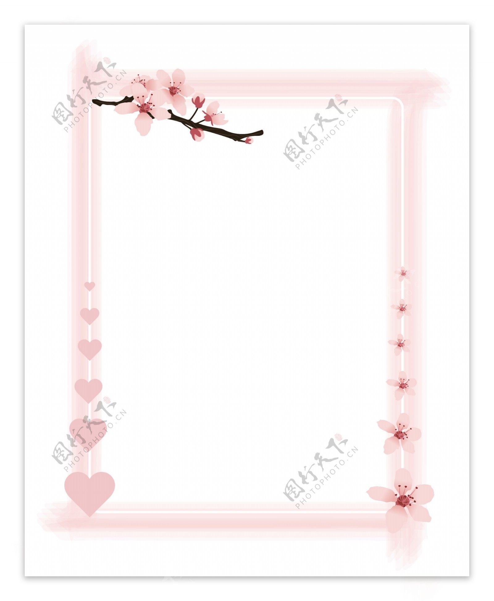 粉色可爱樱花枝方形淡色水墨风矢量边框免抠