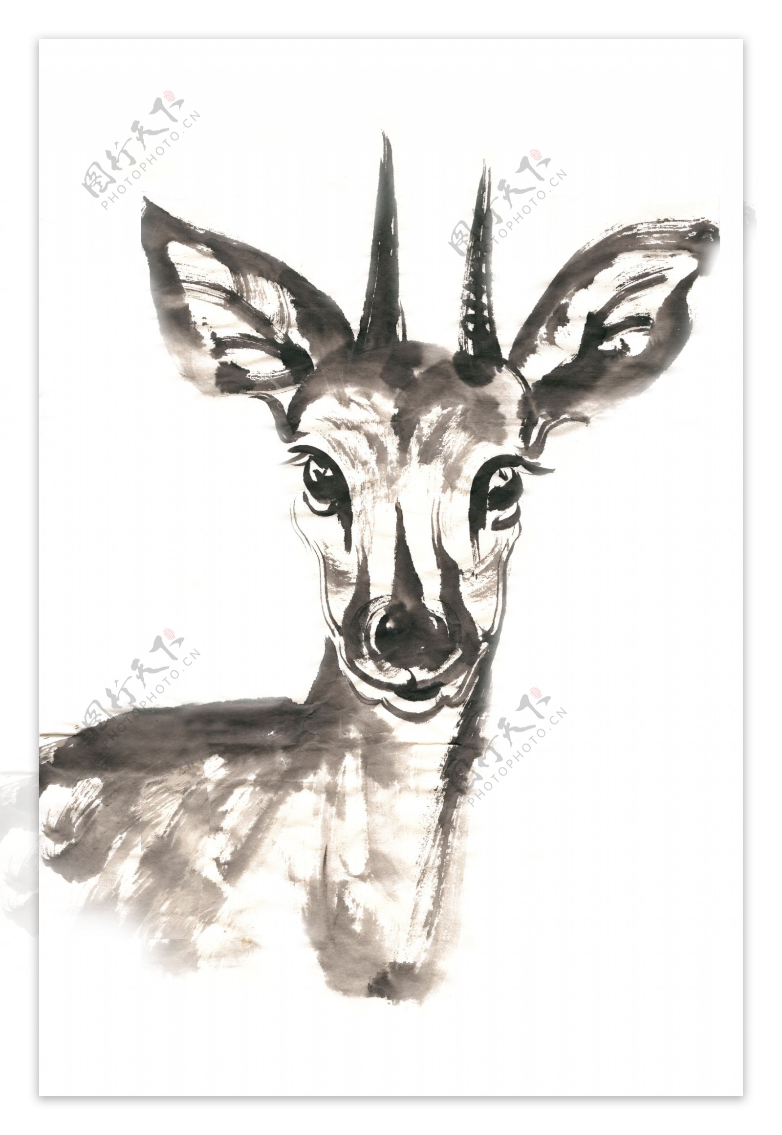 可爱的小鹿水墨画PNG免抠素材