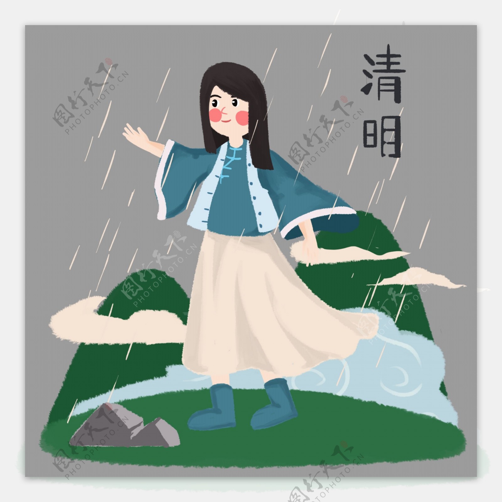 清明雨水中的女孩