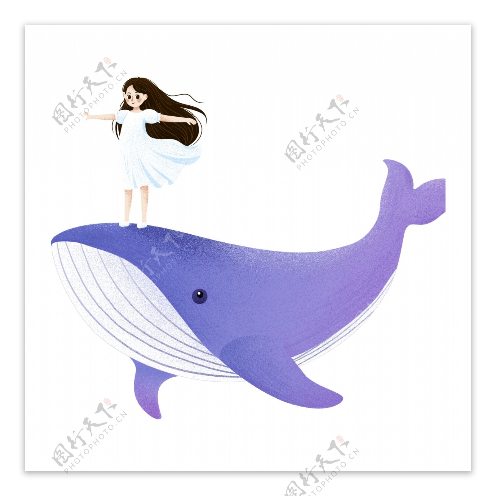 手绘卡通站在鲸上面的女孩元素