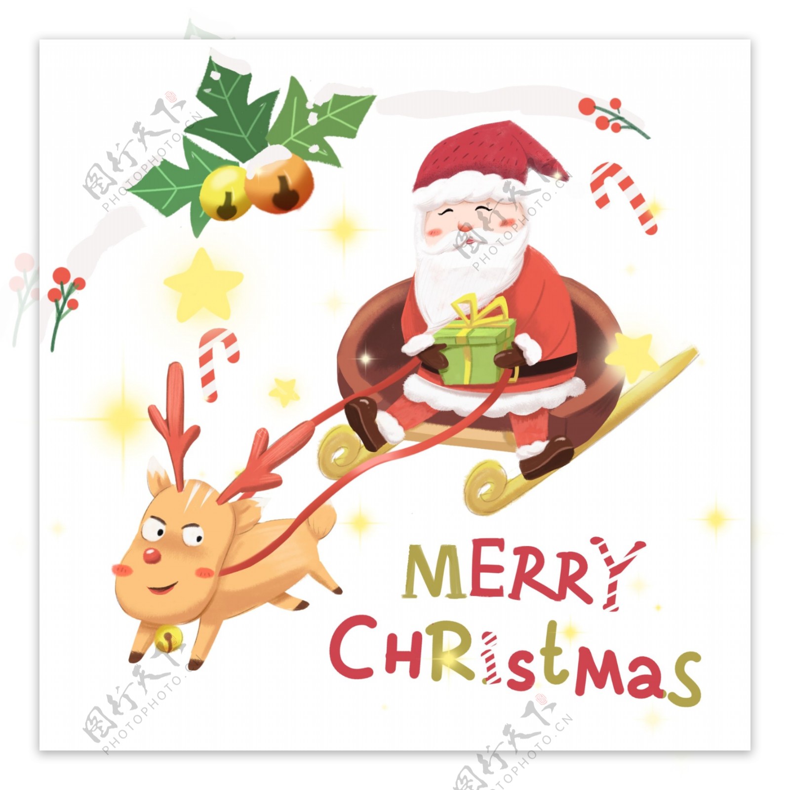 圣诞节手绘卡通红色送礼物的圣诞老人和麋鹿免扣