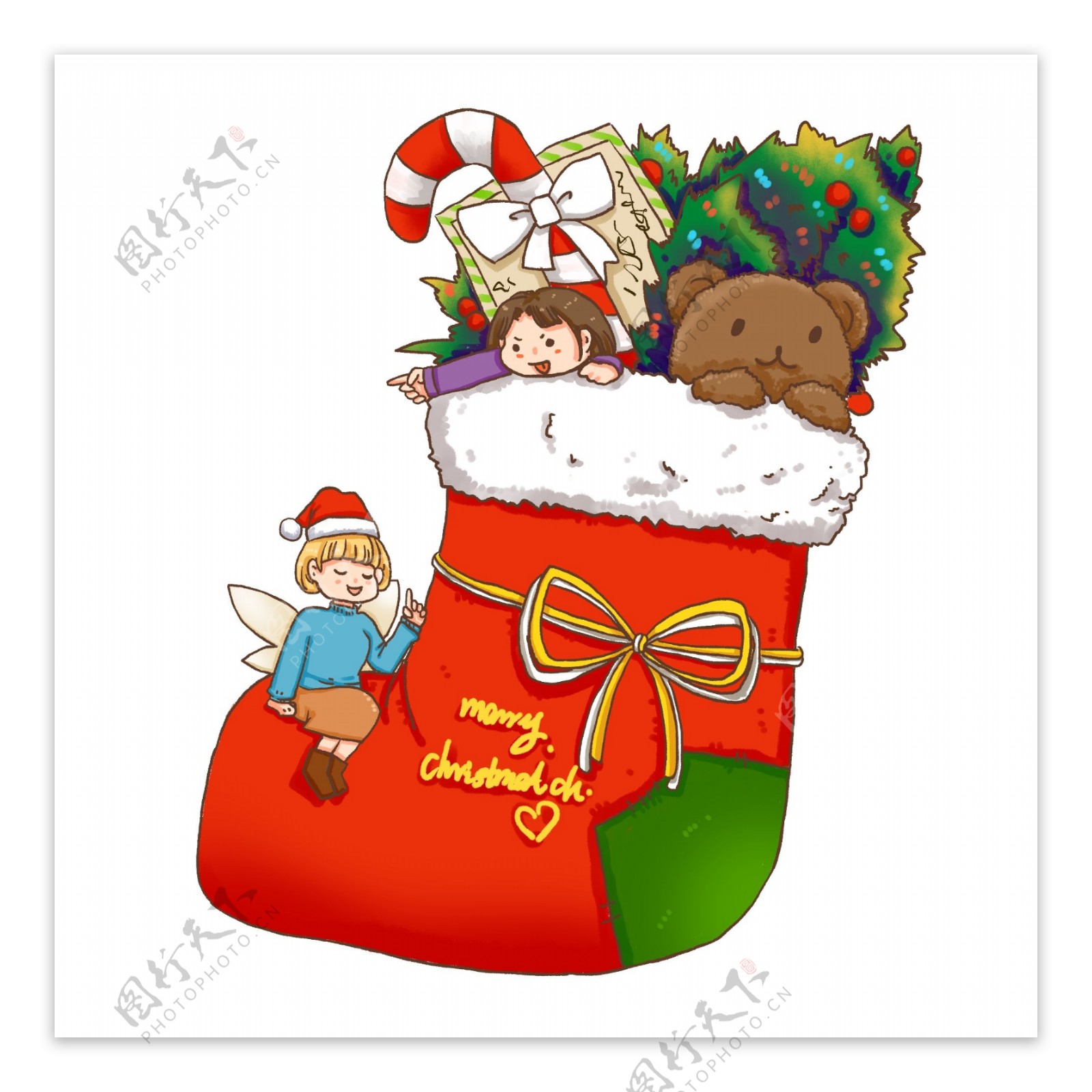 圣诞节红色装满礼物的圣诞袜小人免抠素材