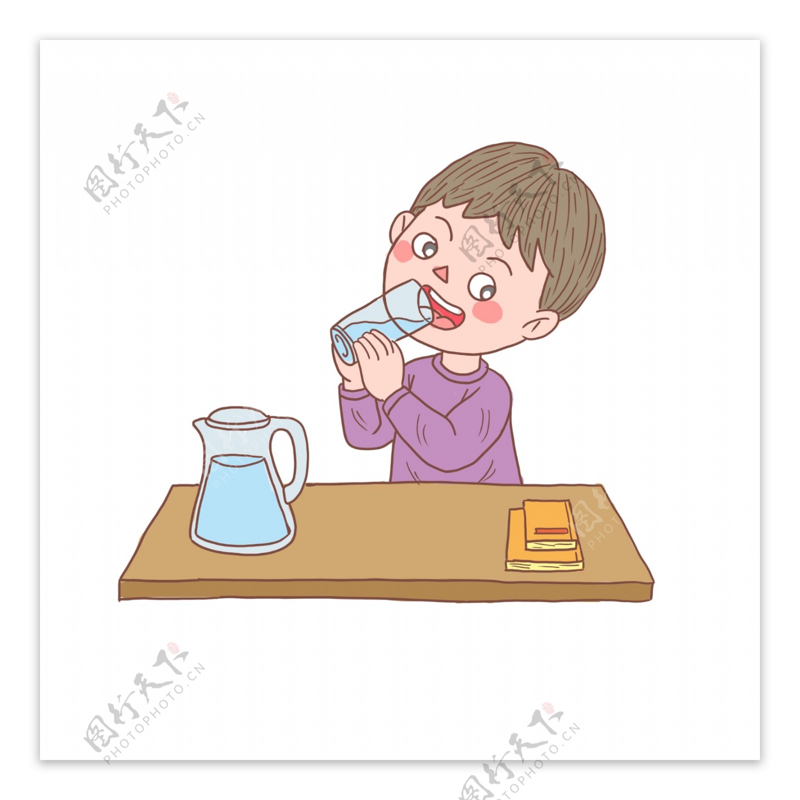 卡通手绘人物小男孩喝水