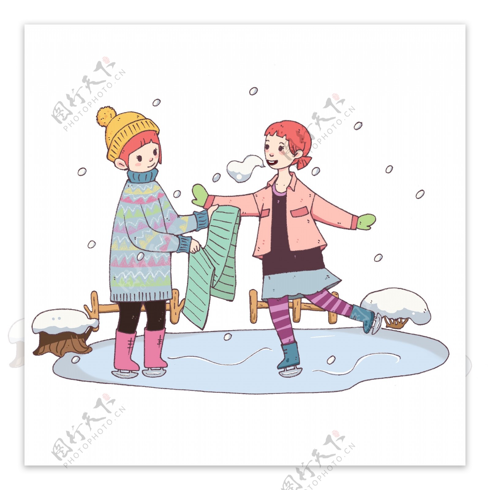 冬季大寒滑冰女孩插画