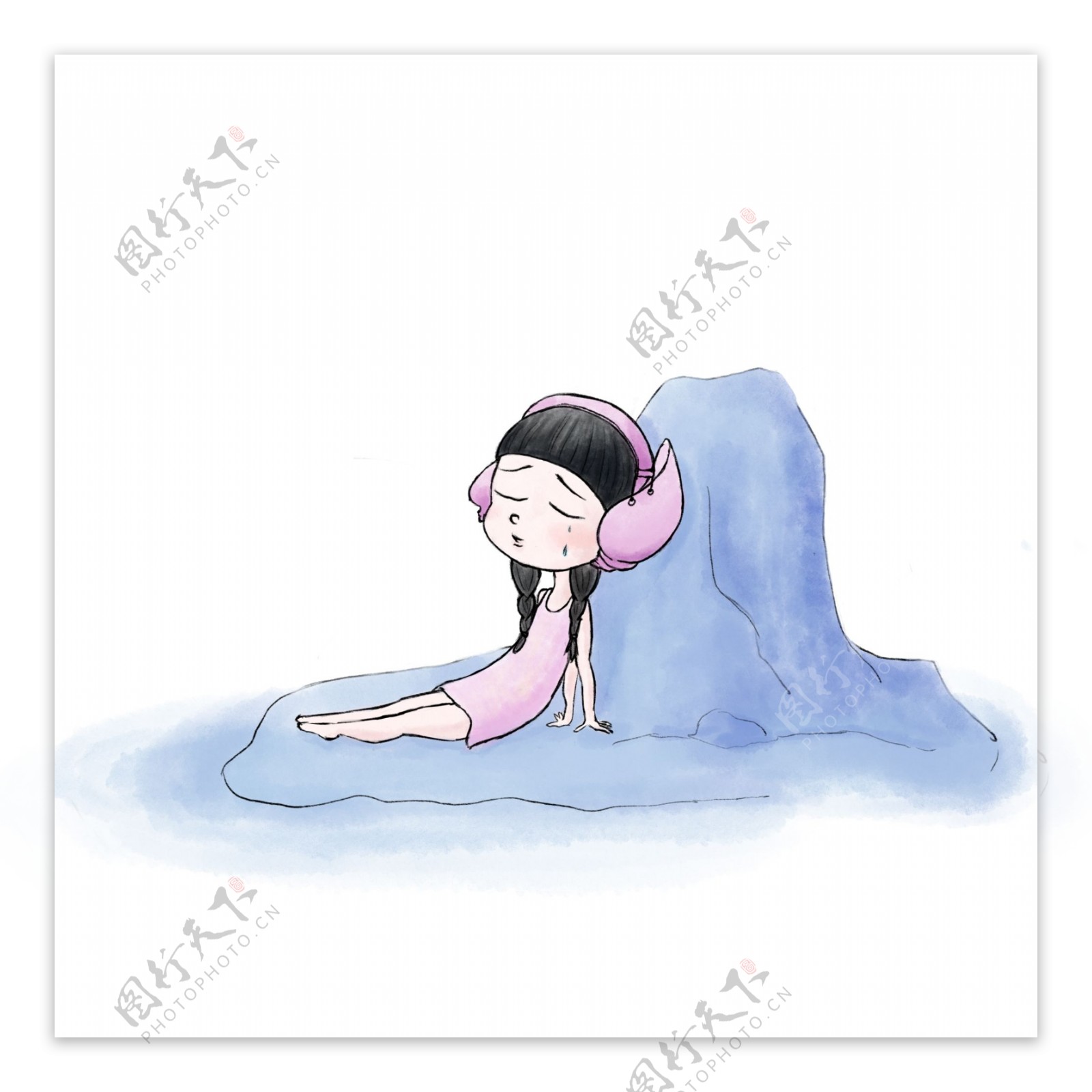 童真梦幻主题马卡龙色系在海边哭泣的悲伤海螺女孩