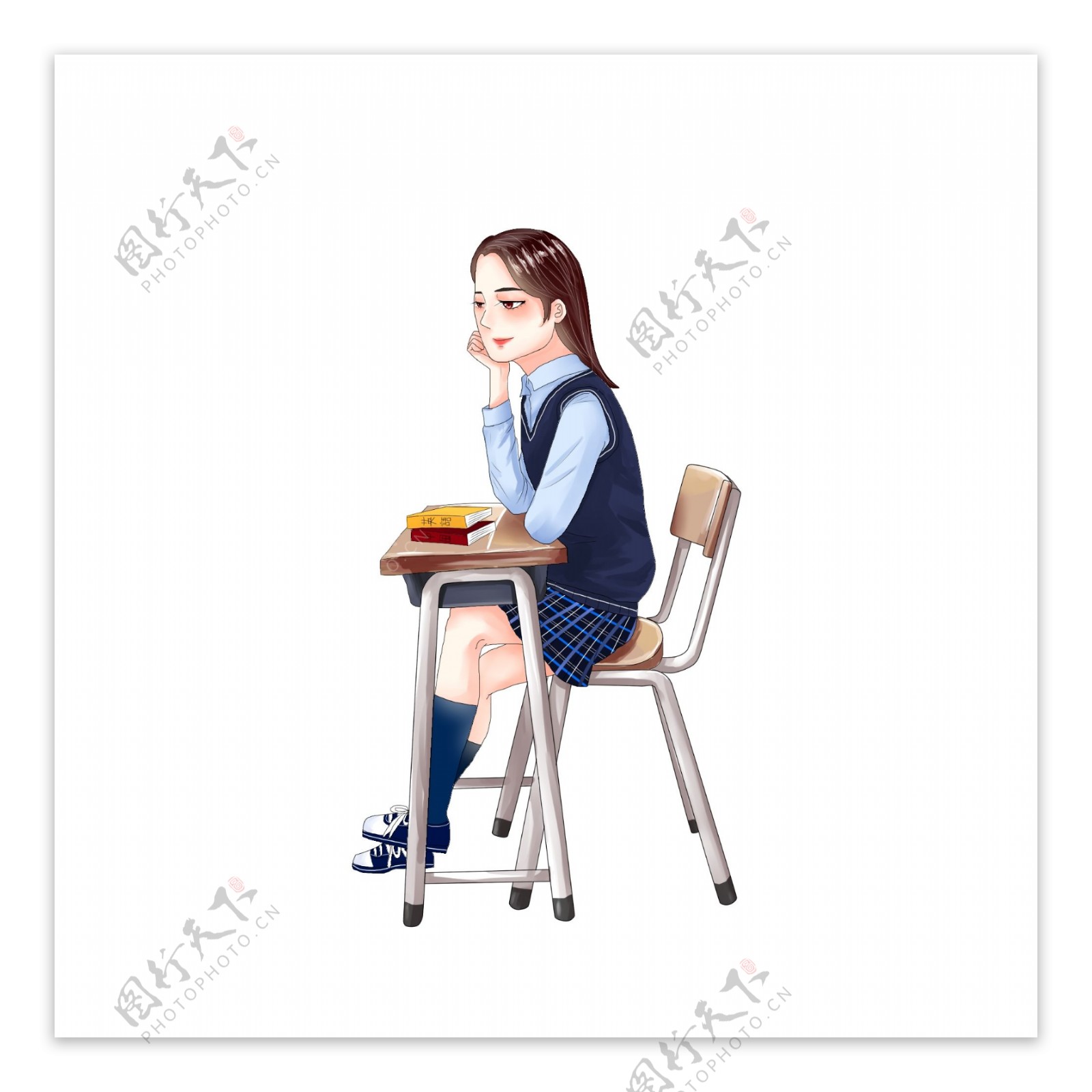 课桌补习书桌学习看书学生读书阅读写作业手绘卡通女孩