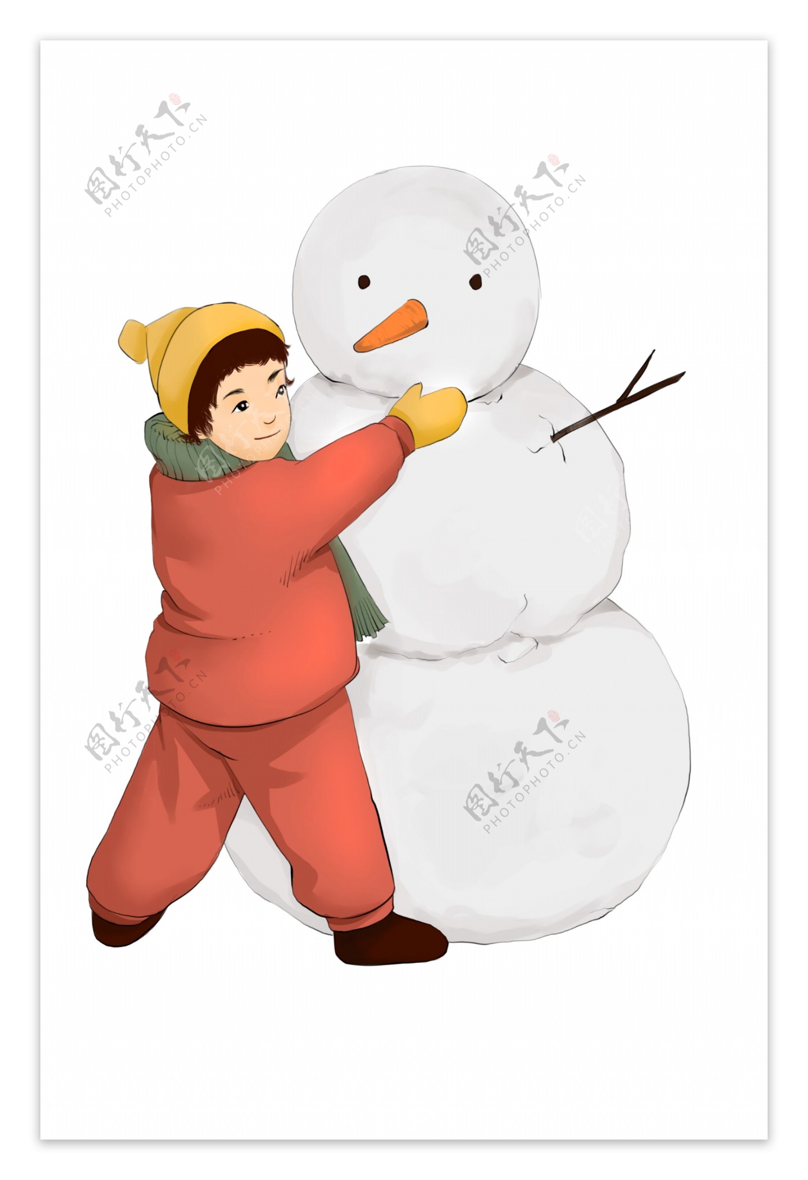 手绘冬季大雪堆雪人小孩人物插画