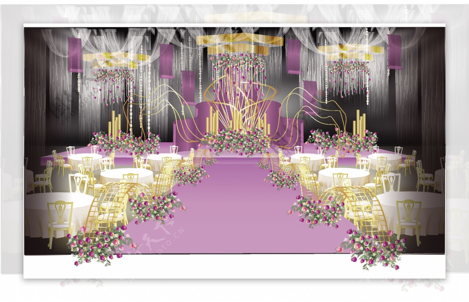 紫色唯美婚礼主舞台效果图设计