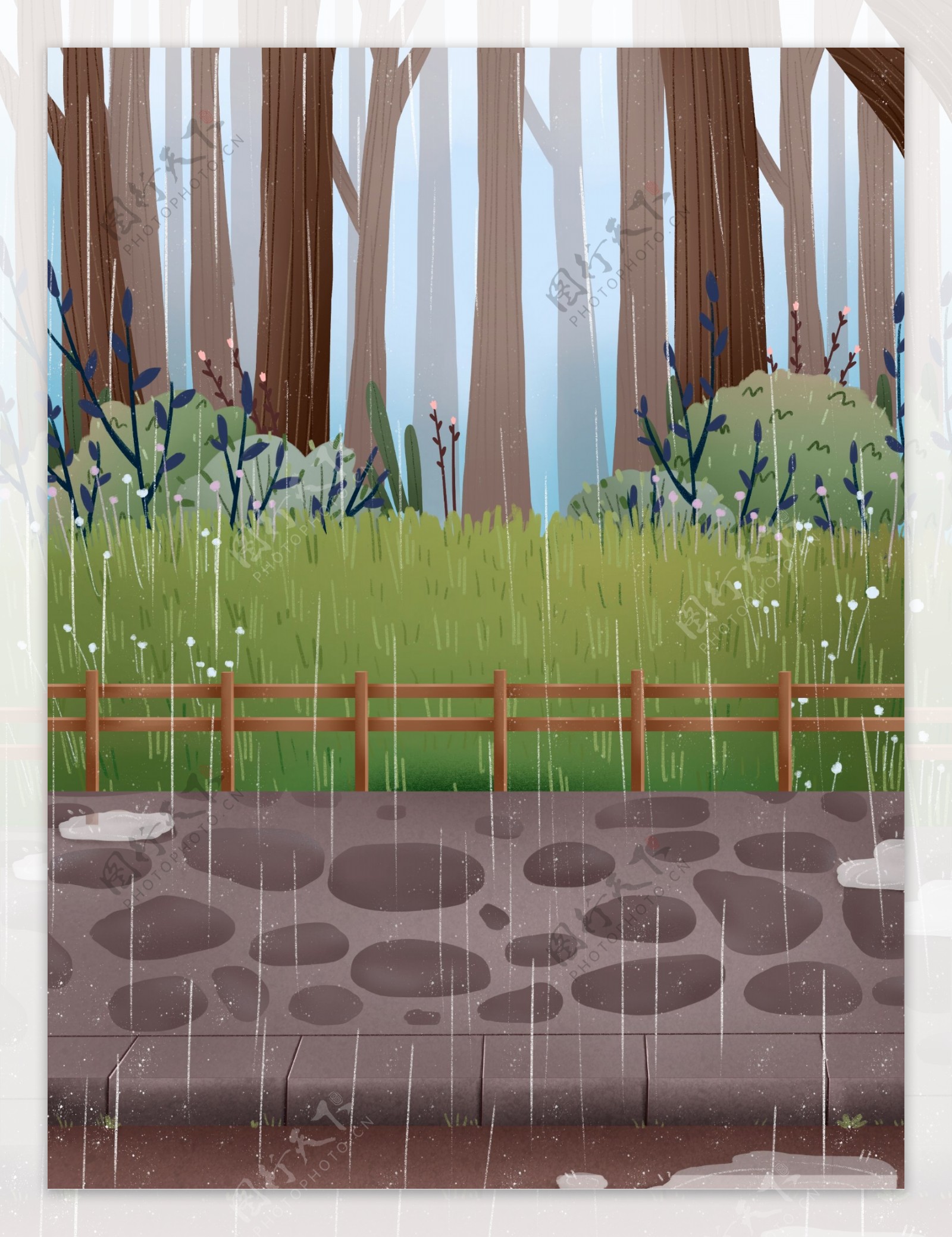 手绘雨中的树林背景素材