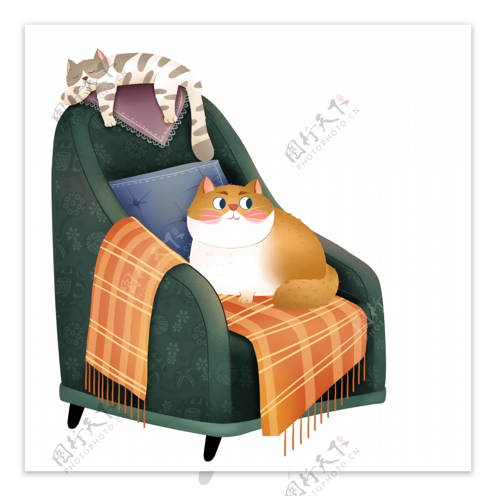 手绘绿色沙发上的可爱猫元素