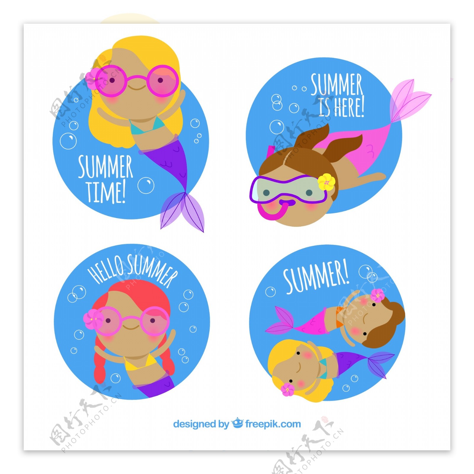 4款彩色夏季潜水美人鱼标签