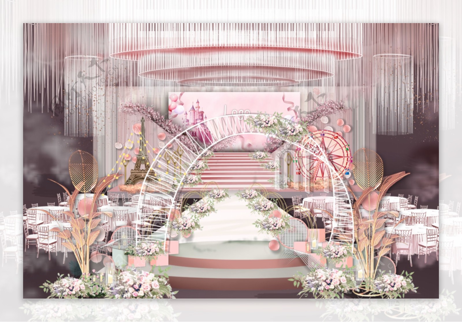 浪漫粉色婚礼双层舞台效果图