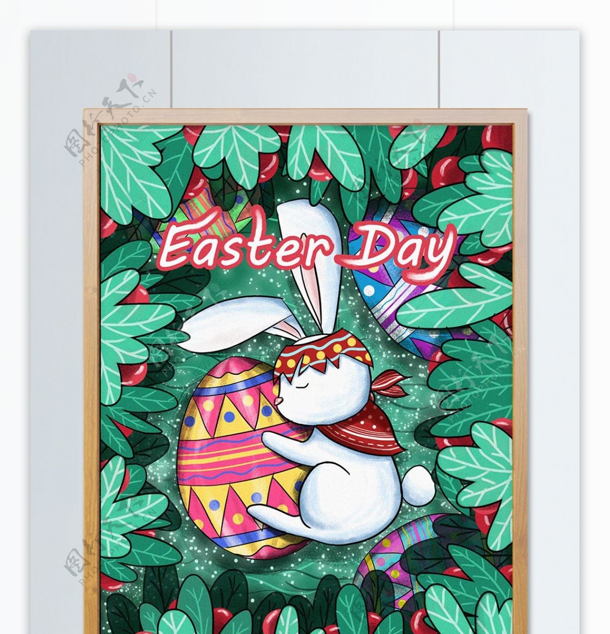 复活节之抱着蛋的兔子卡通插画