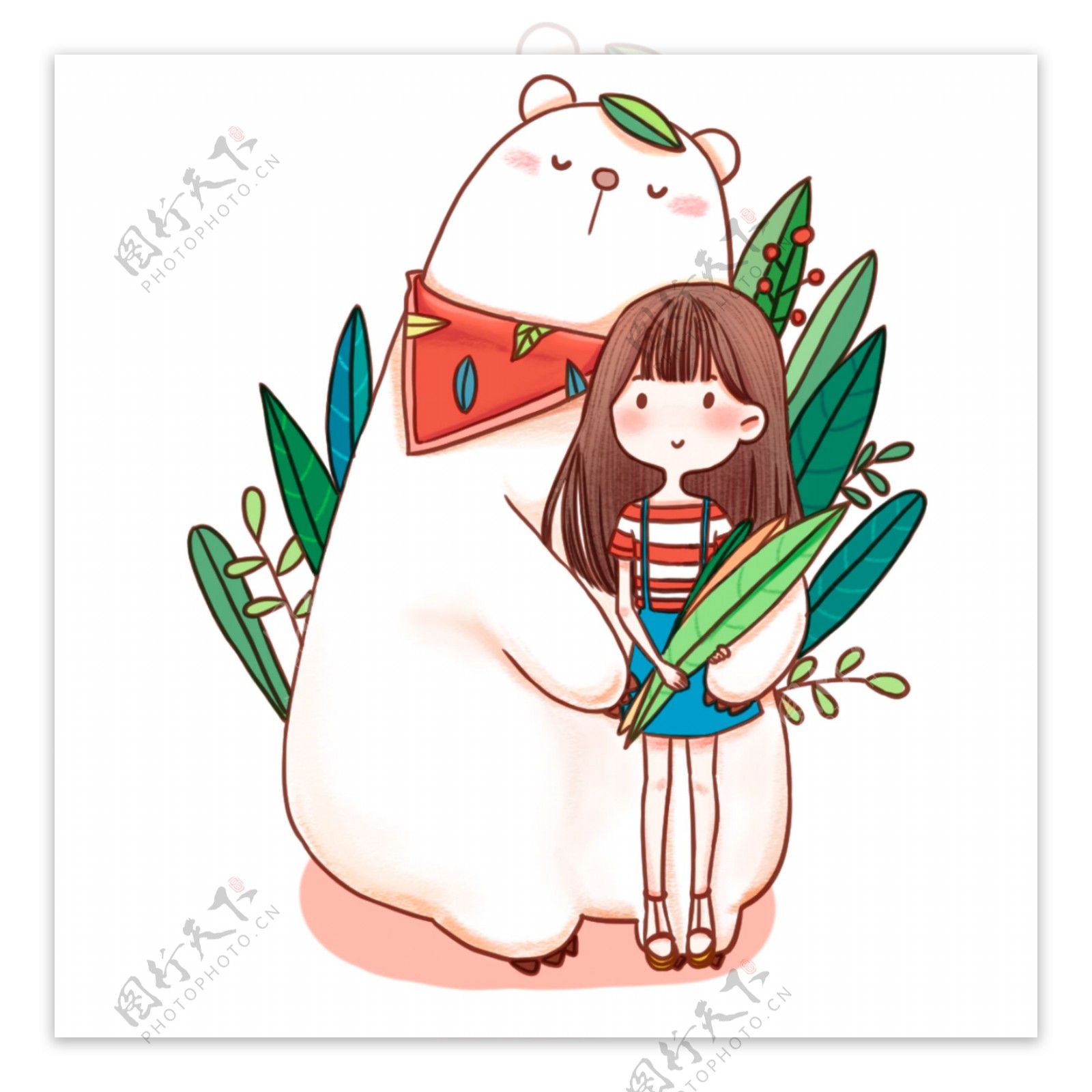 卡通彩绘白熊和女孩插画设计