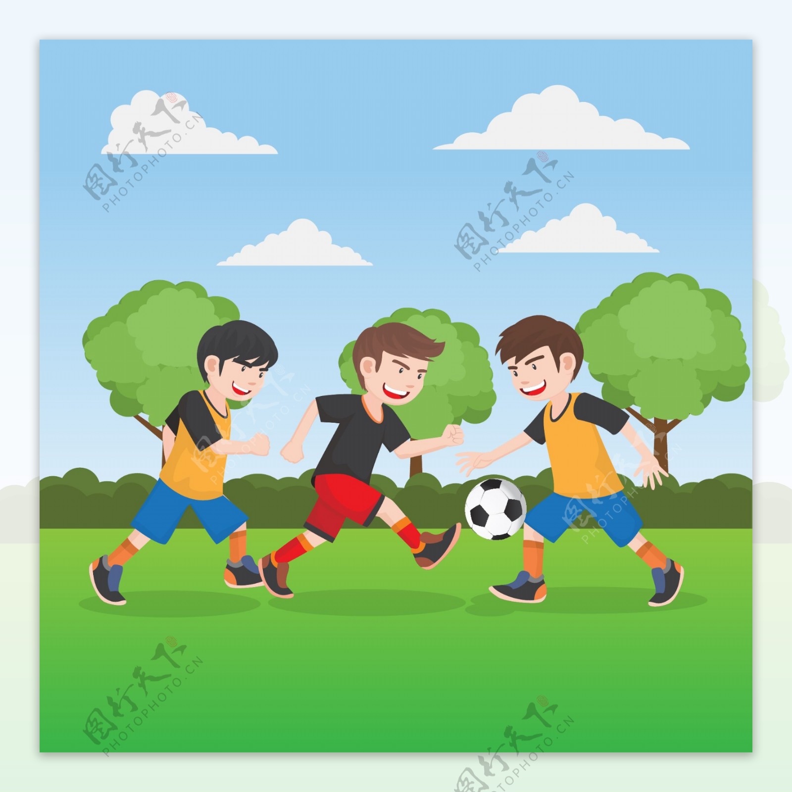 三个男孩踢足球
