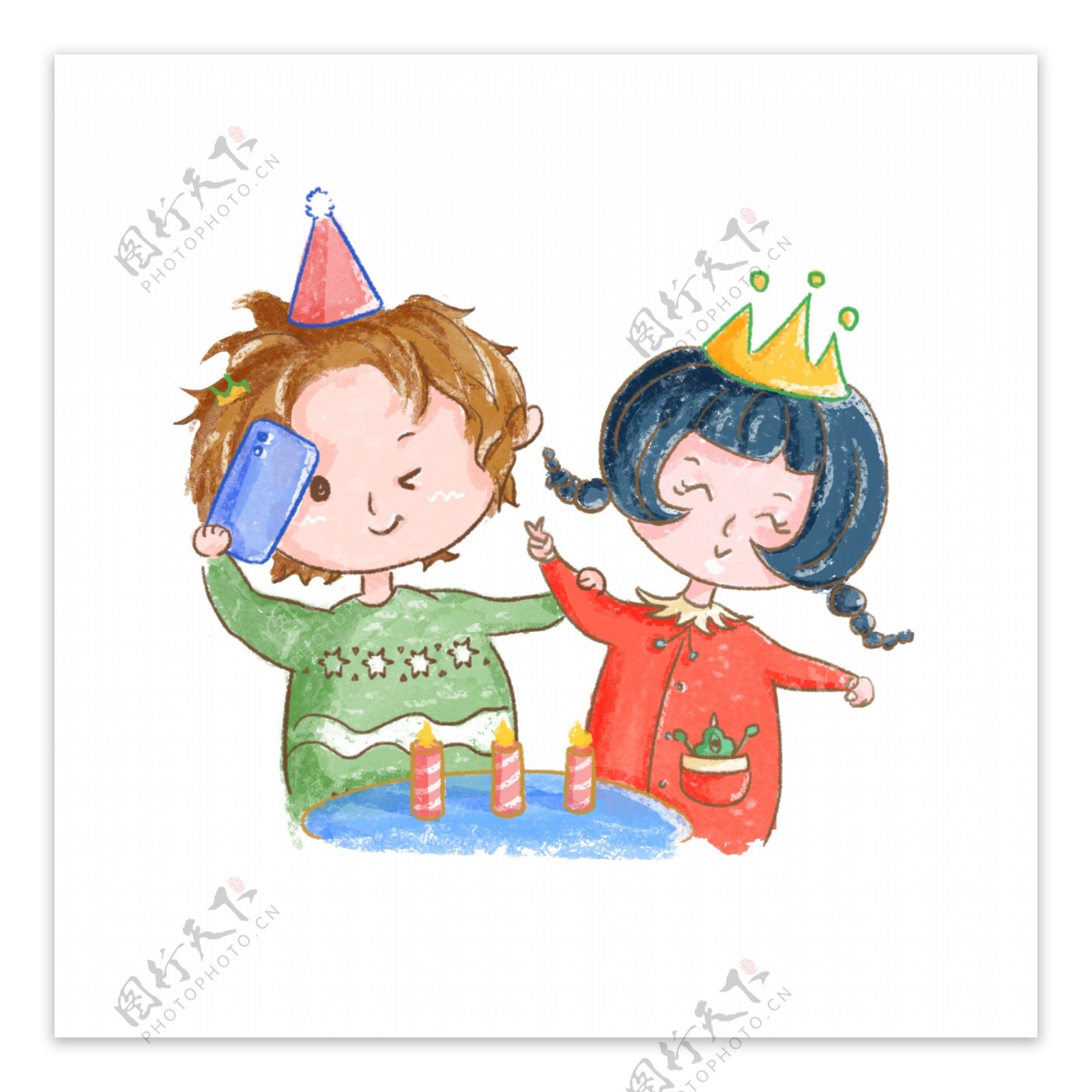 戴生日帽男孩女孩拍照蛋糕蜡烛蜡笔橙色绿色