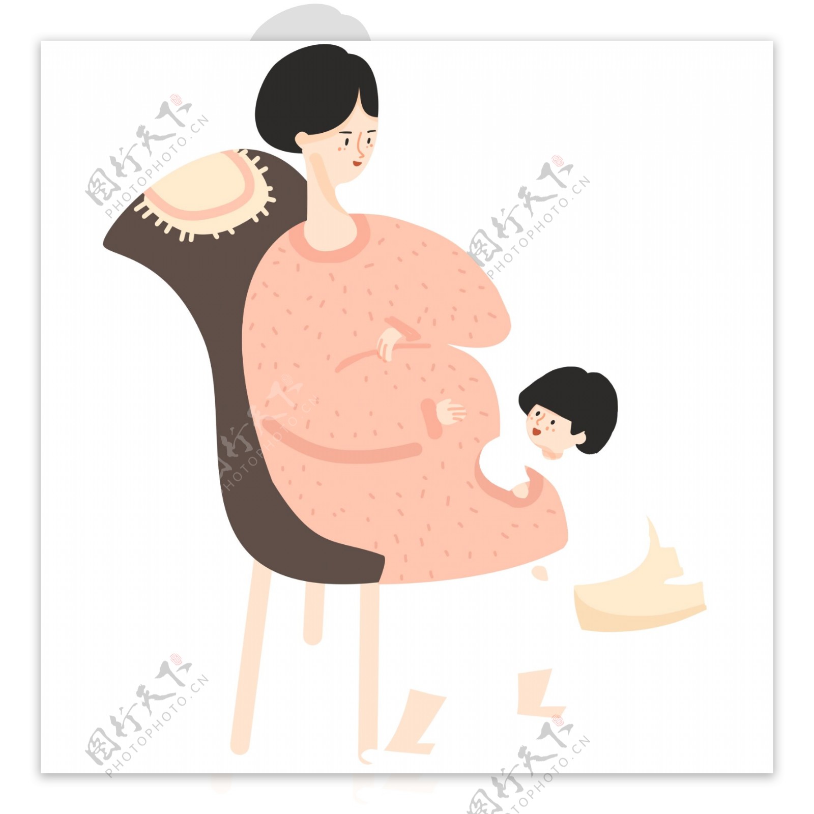 温馨质朴怀孕妈妈和女孩插画设计