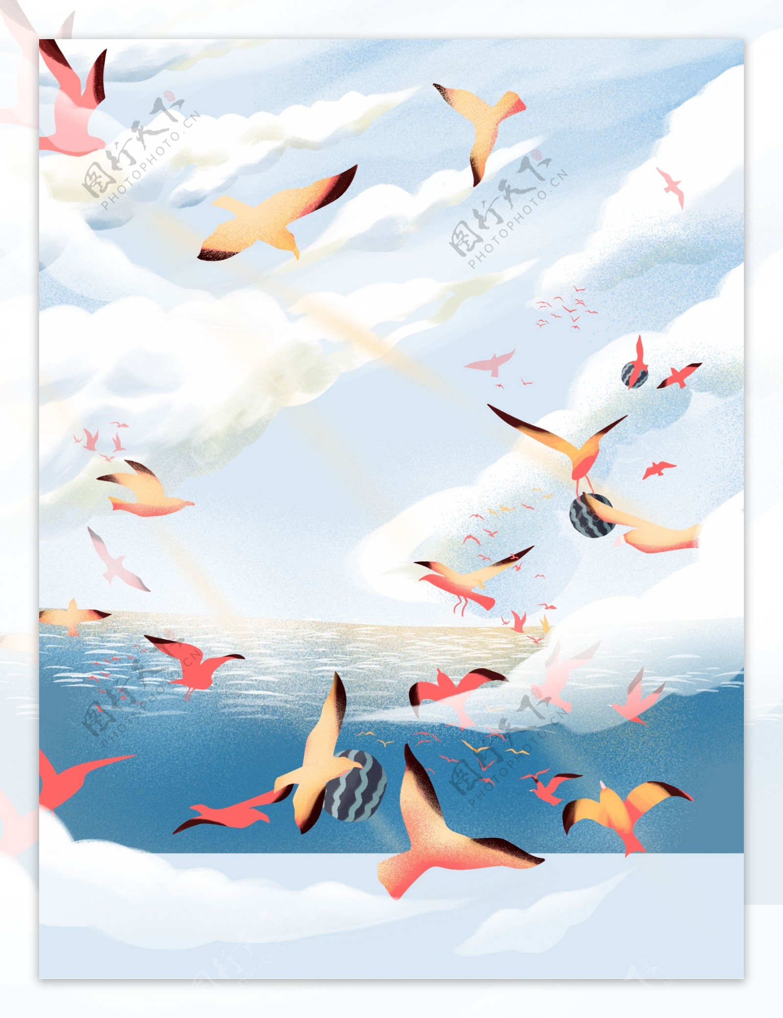 彩绘夏季海鸥大海背景设计