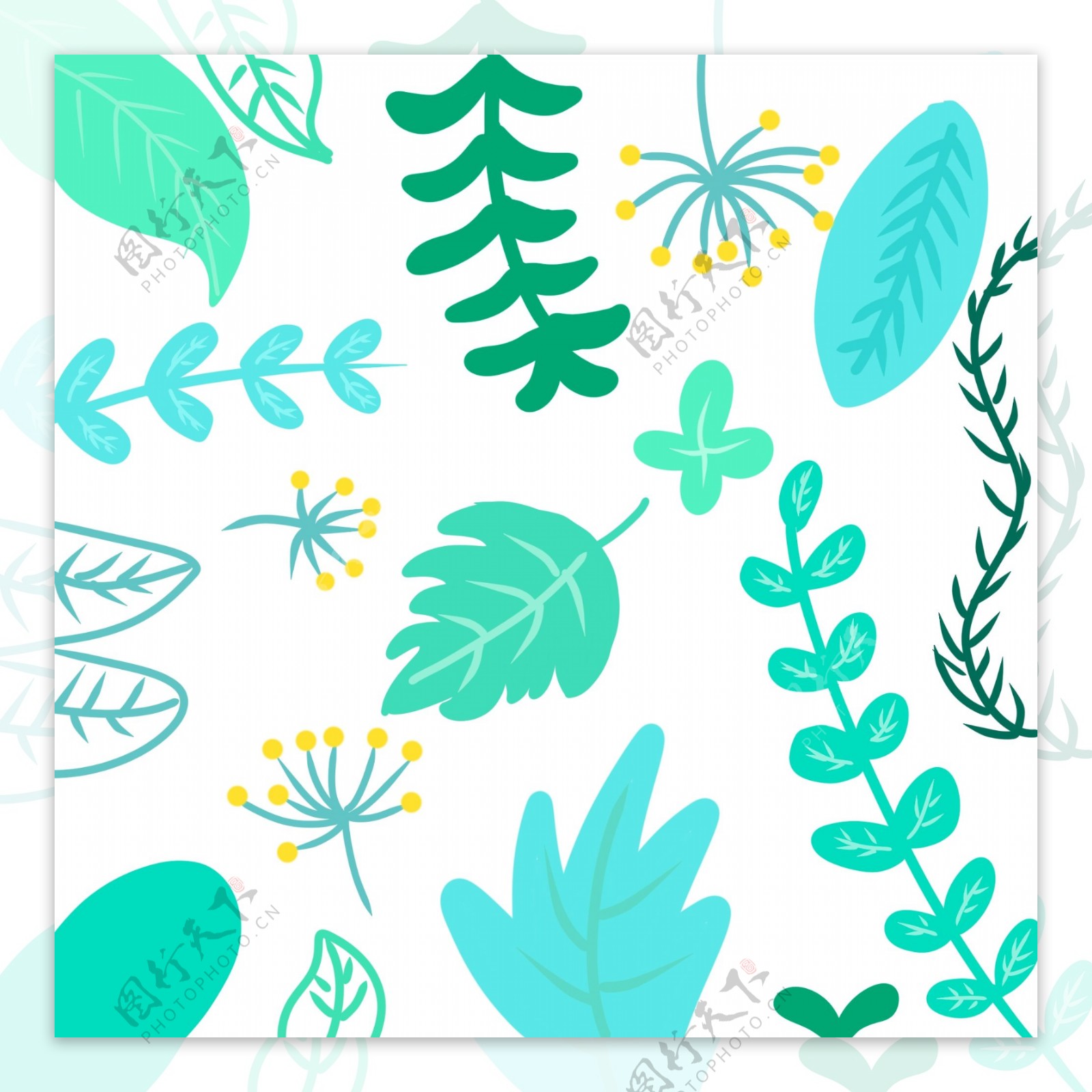 手绘夏季绿色植物装饰图案