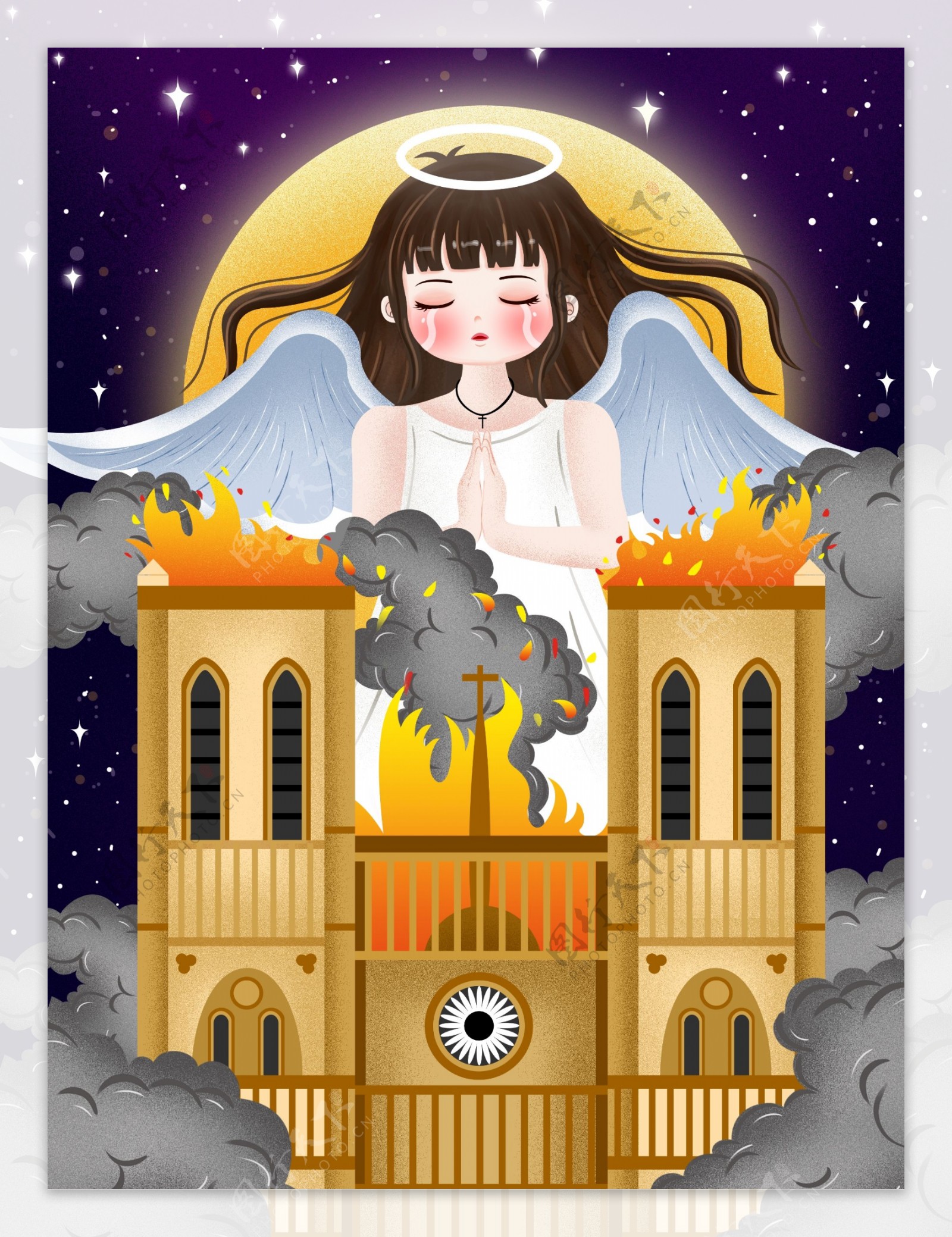 原创热点巴黎圣母院失火哀痛插画