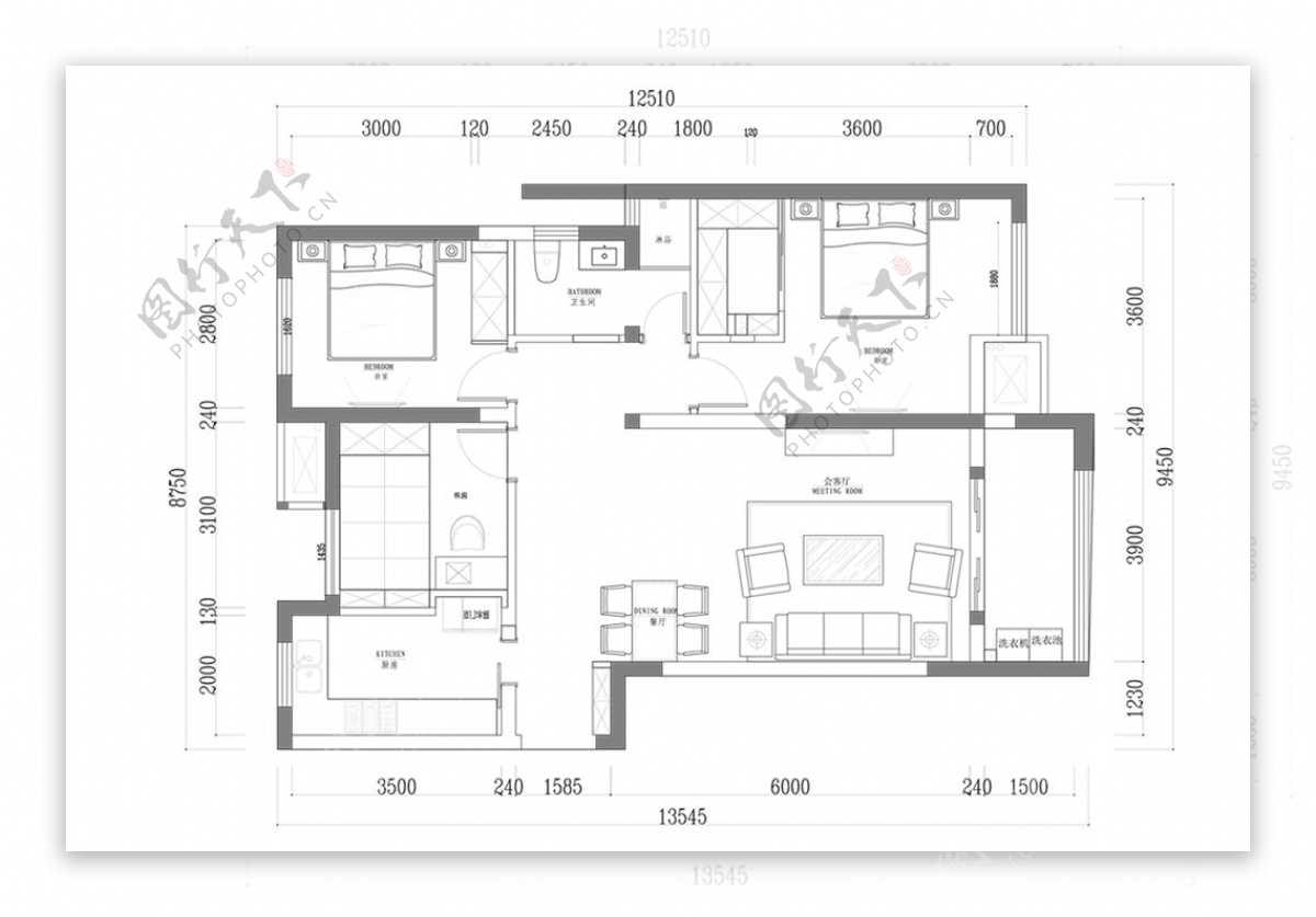 三房住宅家装CAD平面图