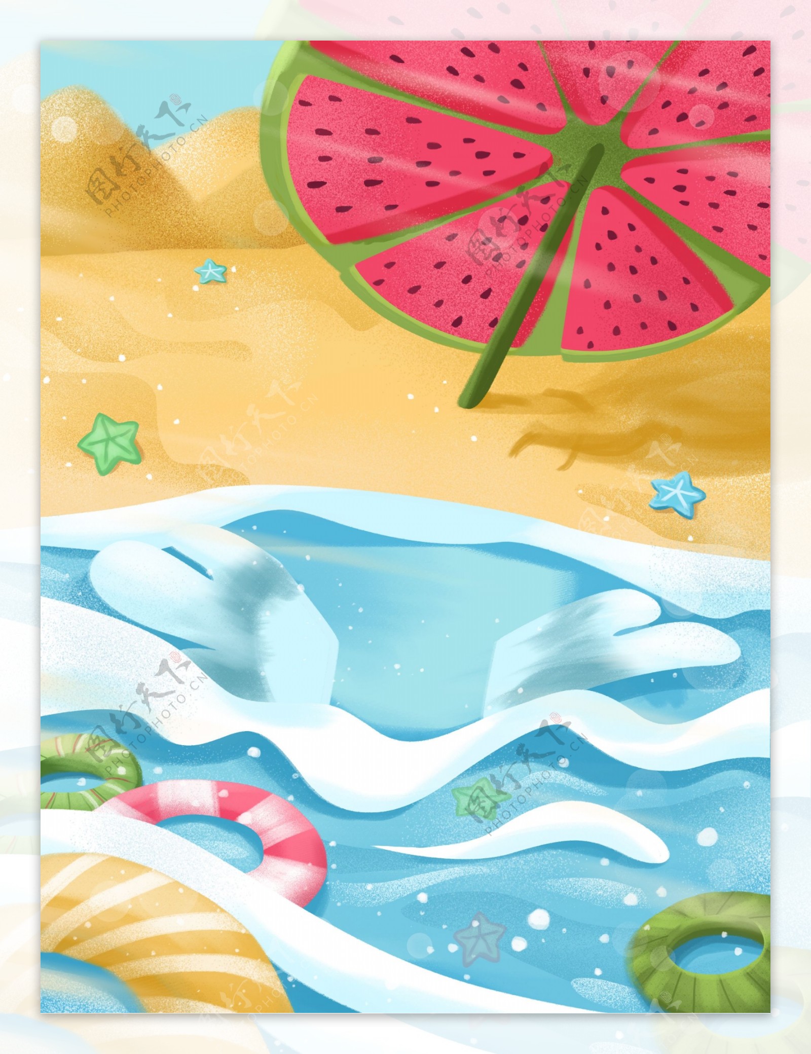 手绘夏季海滩西瓜背景设计