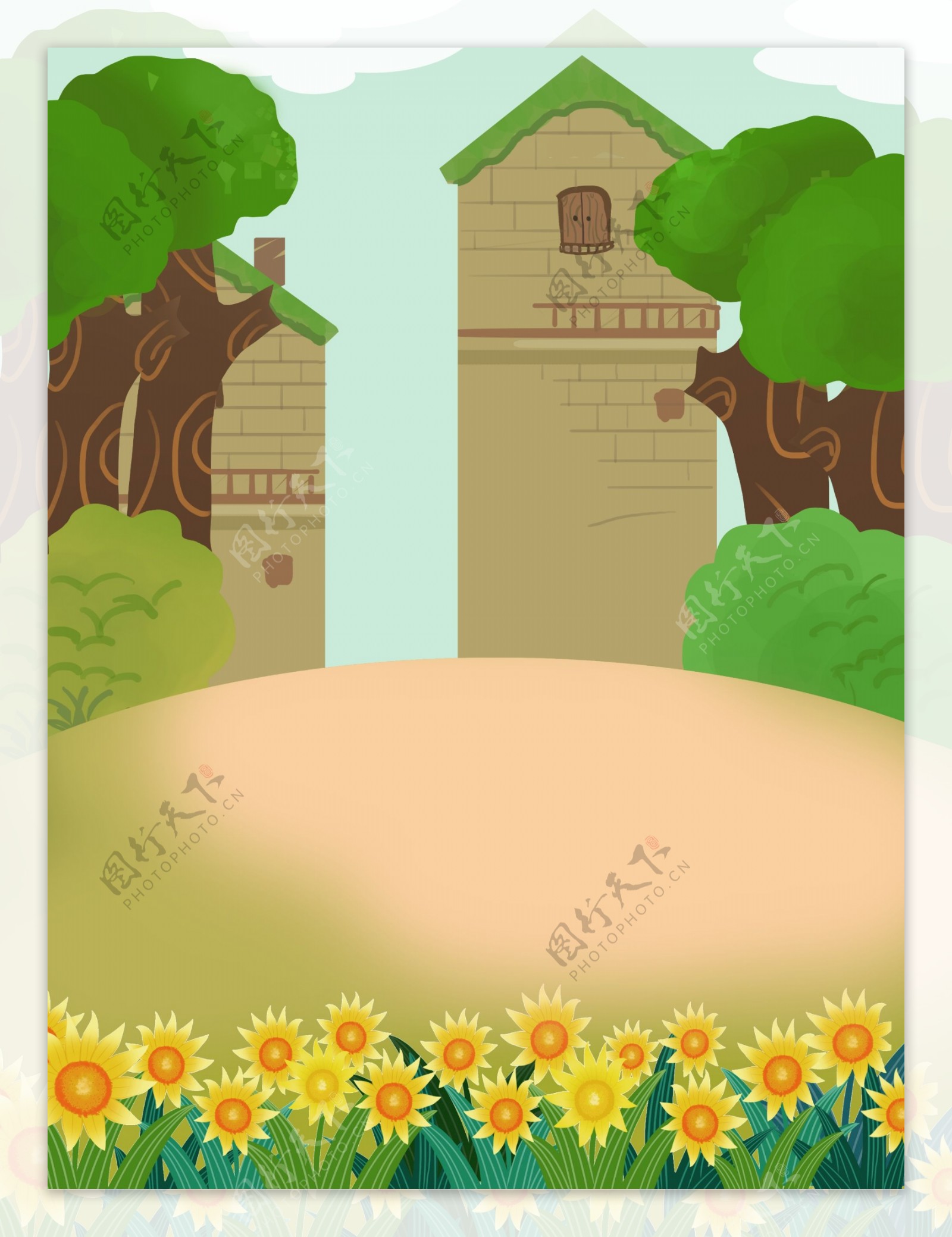 夏日花丛房子背景设计